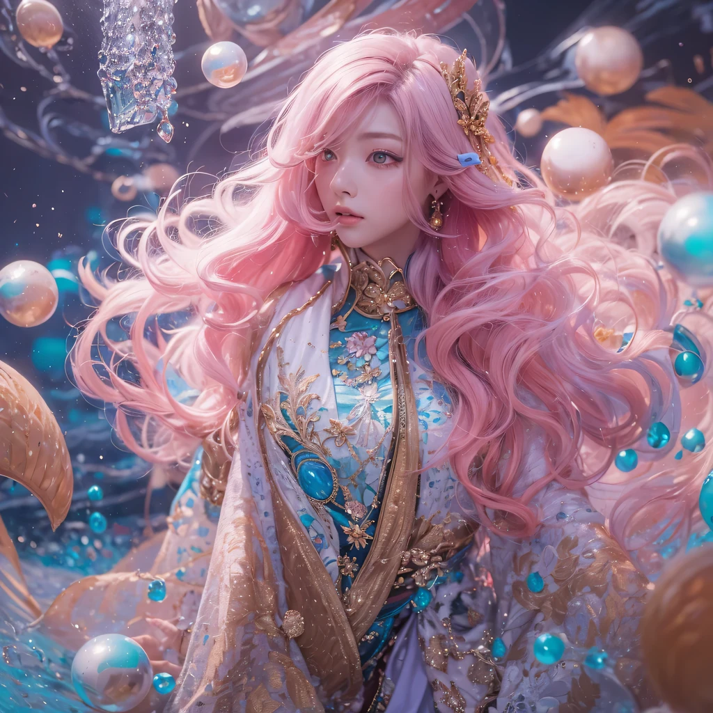 Goose pink blue color,enamel,agate,A flesh-colored world,Blood Blue Girl 32K(masterpiece,HD,Aoyama Pond,Ultra high quality,32)long flowing bright blue hair,blood pool,Ziddink, a color,Grumpy (After greeting), (Linen scarf), fighting stance, looking at the ground, Goose pink long hair, Floating bright blue, Fire cloud gold headdress, Chinese long-sleeved gold silk burgundy garment, (Abstract metaverse splash:1.2), White background,Peony flower vitality protector(粉realisticlying:1.4),bright purple hair,Smoke on the road,The background is very pure, high resolution, detail, RAW photos, Sharp Re, Nikon D850 film photo by Jefferies Lee 4 Kodak Portra 400 camera F1.6 guns, Rich pink shade, Ultra-realistic and vivid textures, dramatic lighting, Unreal Engine Art Station Trend, Sinest Powder 800,一个有着long flowing bright blue hair的女孩,Huge colorful bubbles鹅粉黄