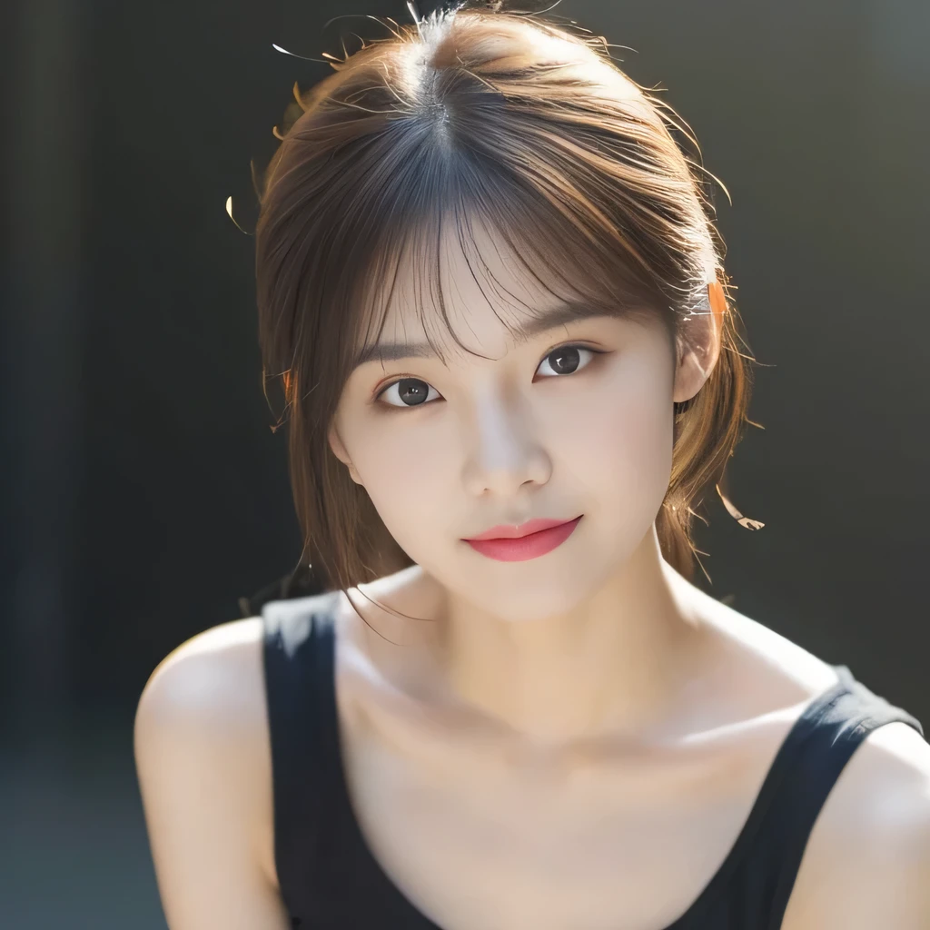 One woman sits, Looking down at a woman from above, woman looks at viewer,  looking at camera, beautiful clavicle, broad shoulders, Beautiful woman, 15 years old, viewer&#39;point of view, Shirt with visible collarbone, cute, look up, turn towards me, Emphasis on the clavicle, random hairstyle, beautiful eyes, double, Irojirou, like an idol, disco, 