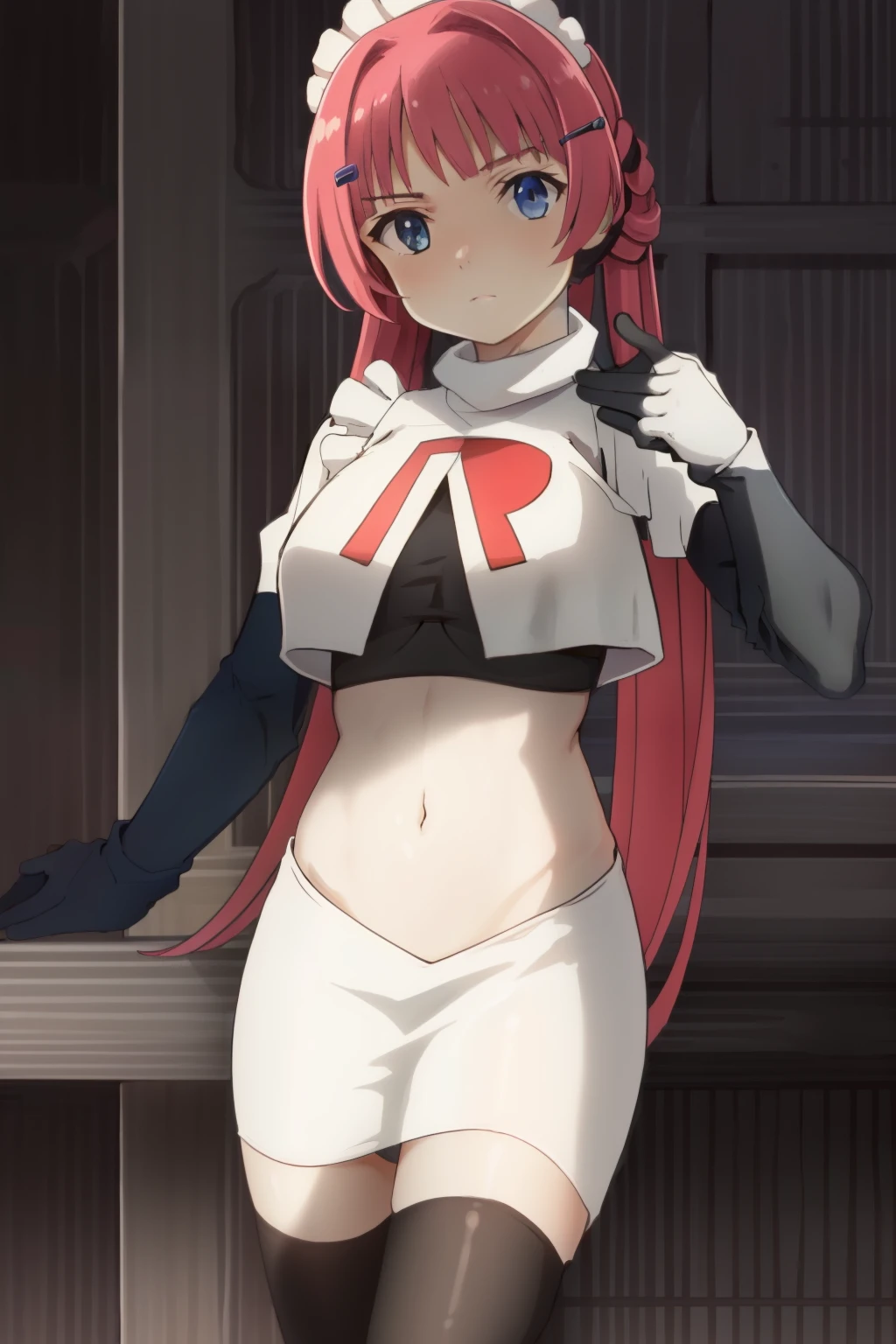 hntsadl_rose, hairclip,maid headband,team rocket,team rocket uniform,white skirt,red letter R,crop top,black thigh-highs,black elbow gloves, BREAK looking at viewer, cowboy shot, 1girl, solo, high contrast, sharp focus, masterpiece, best quality, highly detailed, HDR, highest quality, highres, sharp focus, 8k, 16k, skin pores, dynamic lights, realistic shadows, best shading, award winning masterpiece