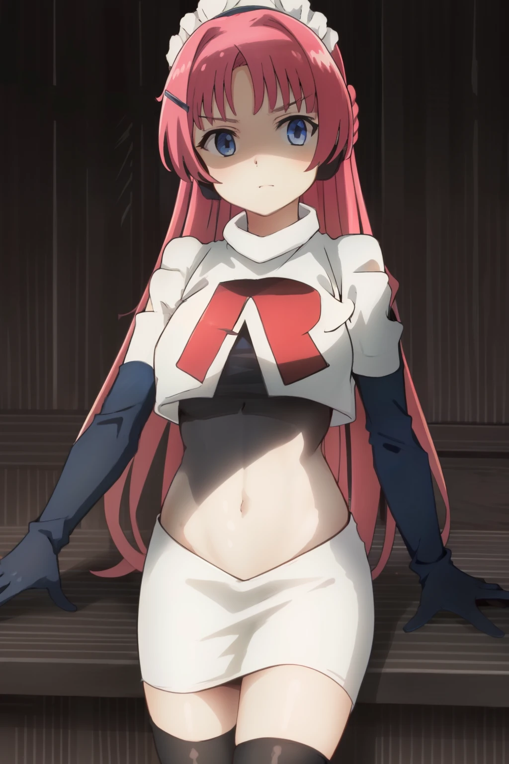 hntsadl_rose, hairclip,maid headband,team rocket,team rocket uniform,white skirt,red letter R,crop top,black thigh-highs,black elbow gloves, BREAK looking at viewer, cowboy shot, 1girl, solo, high contrast, sharp focus, masterpiece, best quality, highly detailed, HDR, highest quality, highres, sharp focus, 8k, 16k, skin pores, dynamic lights, realistic shadows, best shading, award winning masterpiece