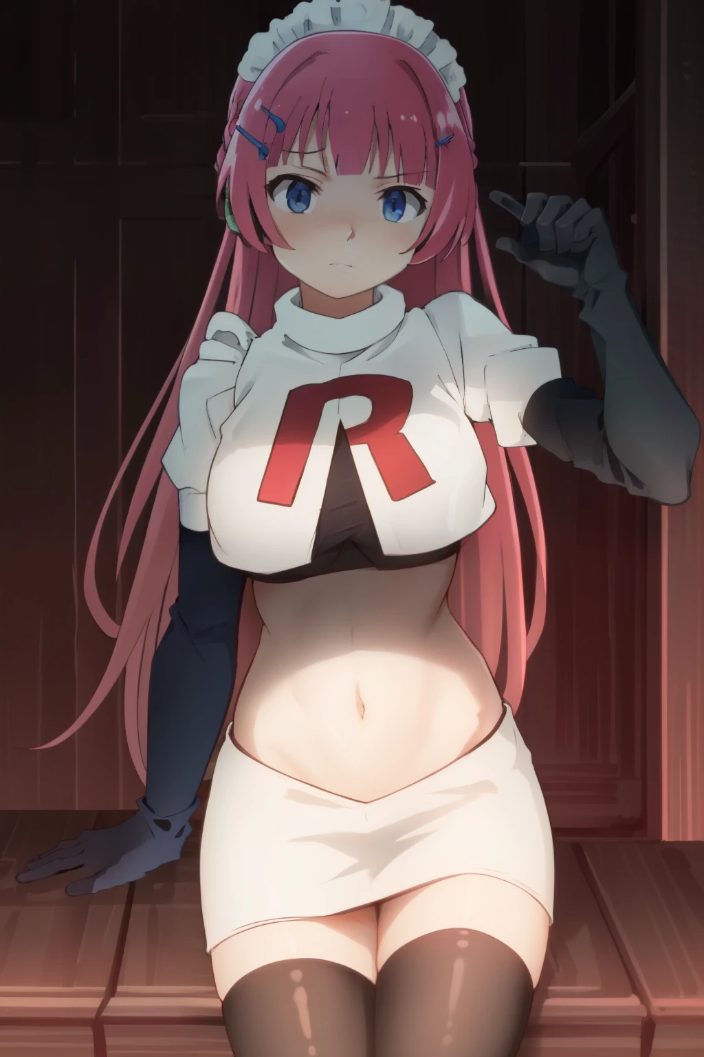 hntsadl_rose, hairclip,maid headband,team rocket,team rocket uniform,white skirt,red letter R,crop top,black thigh-highs,black elbow gloves, BREAK looking at viewer, cowboy shot, 1girl, solo, high contrast, sharp focus, masterpiece, best quality, highly detailed, HDR, highest quality, highres, sharp focus, 8k, 16k, skin pores, dynamic lights, realistic shadows, best shading, award winning masterpiece