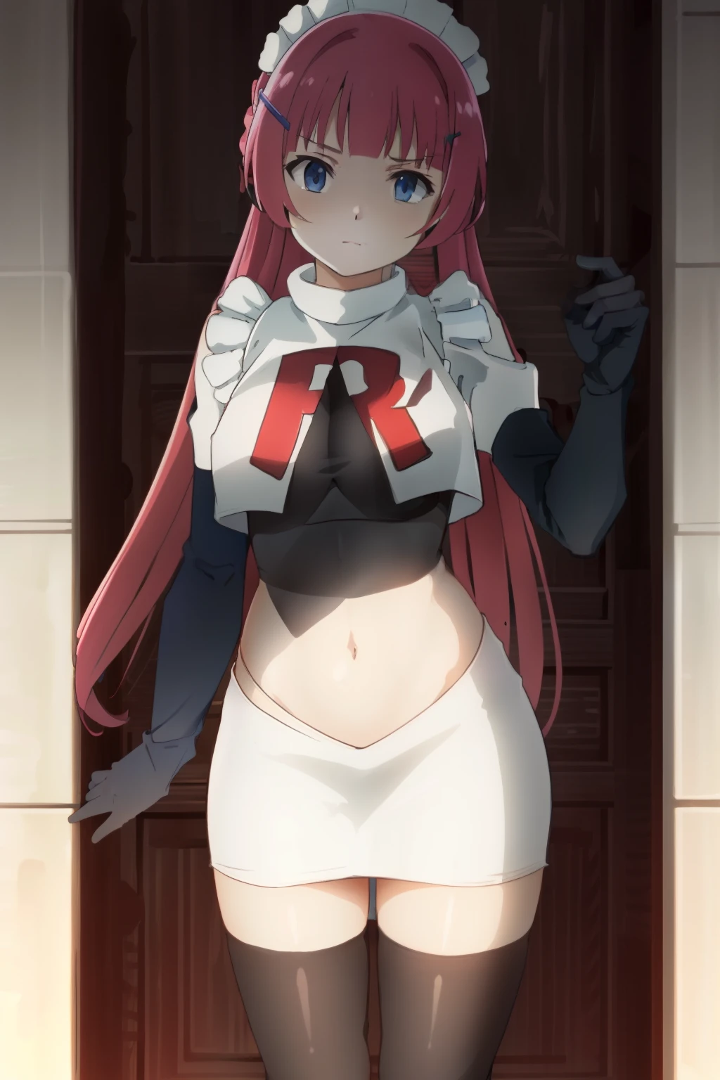 hntsadl_rose, hairclip,maid headband,team rocket,team rocket uniform,white skirt,red letter R,crop top,black thigh-highs,black elbow gloves, BREAK looking at viewer, cowboy shot, 1girl, solo, high contrast, sharp focus, masterpiece, best quality, highly detailed, HDR, highest quality, highres, sharp focus, 8k, 16k, skin pores, dynamic lights, realistic shadows, best shading, award winning masterpiece