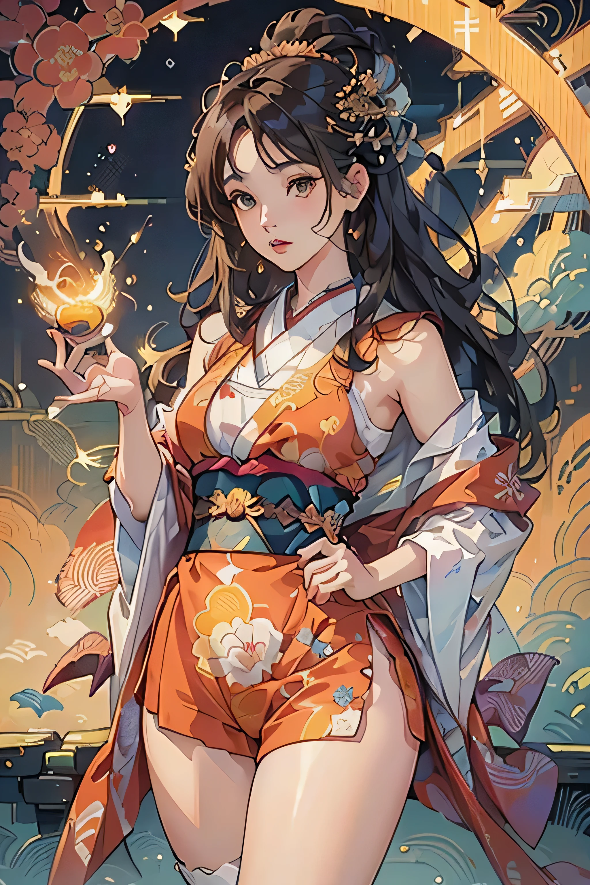 ((8k wallpaper of extremely detailed CG unit, masterpiece, hight resolution, top-quality, top-qualityのリアルテクスチャスキン)), (a very beautiful woman, Plump lips, The upper part of the body, Japanese pattern blouson:1.2, Japanese pattern micro mini shorts:1.2), (A dark-haired, hair messy, de pele branca, small tit), ((Colorful background with geometric patterns, Japanese pattern background, warm color)), (hyper realisitic, digitial painting),