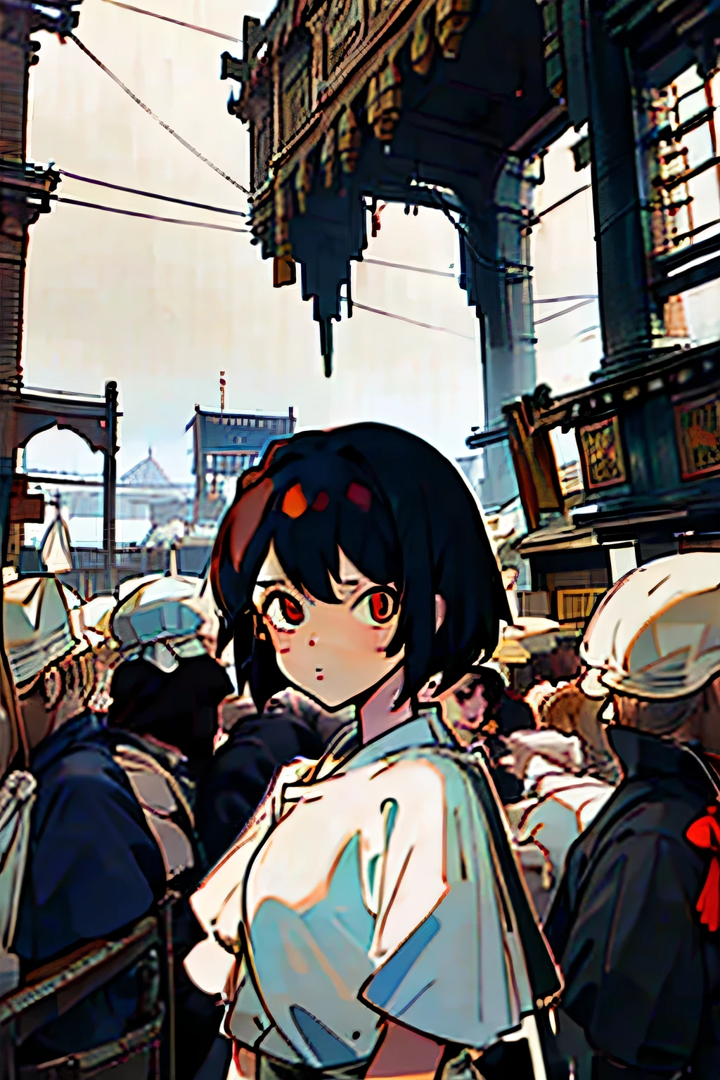 a girl,short hair,hair,black eyes,blue pupils,In the crowd,antiquity,Upper body display