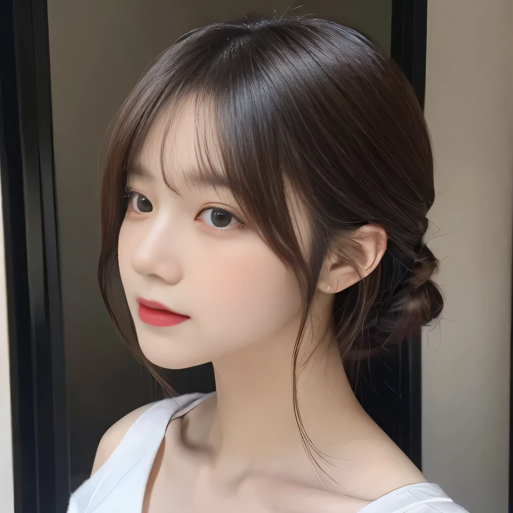 One woman sits, Looking down at a woman from above, woman looks at viewer,  looking at camera, beautiful clavicle, broad shoulders, Beautiful woman, 15 years old, viewer&#39;point of view, Shirt with visible collarbone, cute, look up, turn towards me, Emphasis on the clavicle, random hairstyle, beautiful eyes, double, Irojirou, like an idol, disco, 
