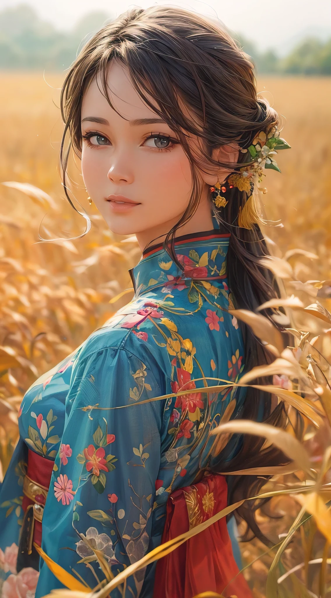 (masterpiece, best quality, photorealistic, ultra-detailed:1.2), a beautiful woman wearing colorful aodai, standing in the middle of the paddy field, perfect body, wide hips, natural lighting, perfect illustration