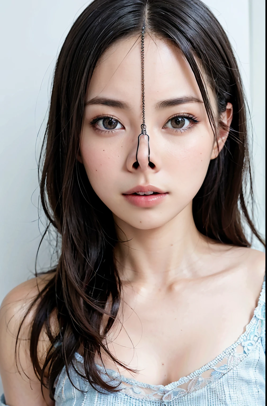 Fashion trendy beautiful and attractive woman, ,(Highest quality realistic textured skin:1.4), detailed eyes, detailed face, high quality eyes, focus the eyes clearly, nose and mouth,face focus, Super close up of face gentle and charming Chinese beautiful woman, delicate and sexy clavicle, attractive oval face, double eyelid, Smart peach blossom eyes, pink lips, small nose, bare shoulders, focus on the face, close up of face, ultra high resolution, Super detailed, full body photo, Ultra-thin and transparent, The white off-shoulder shirt goes perfectly with the light blue slit skirt, fresh and good, And see through