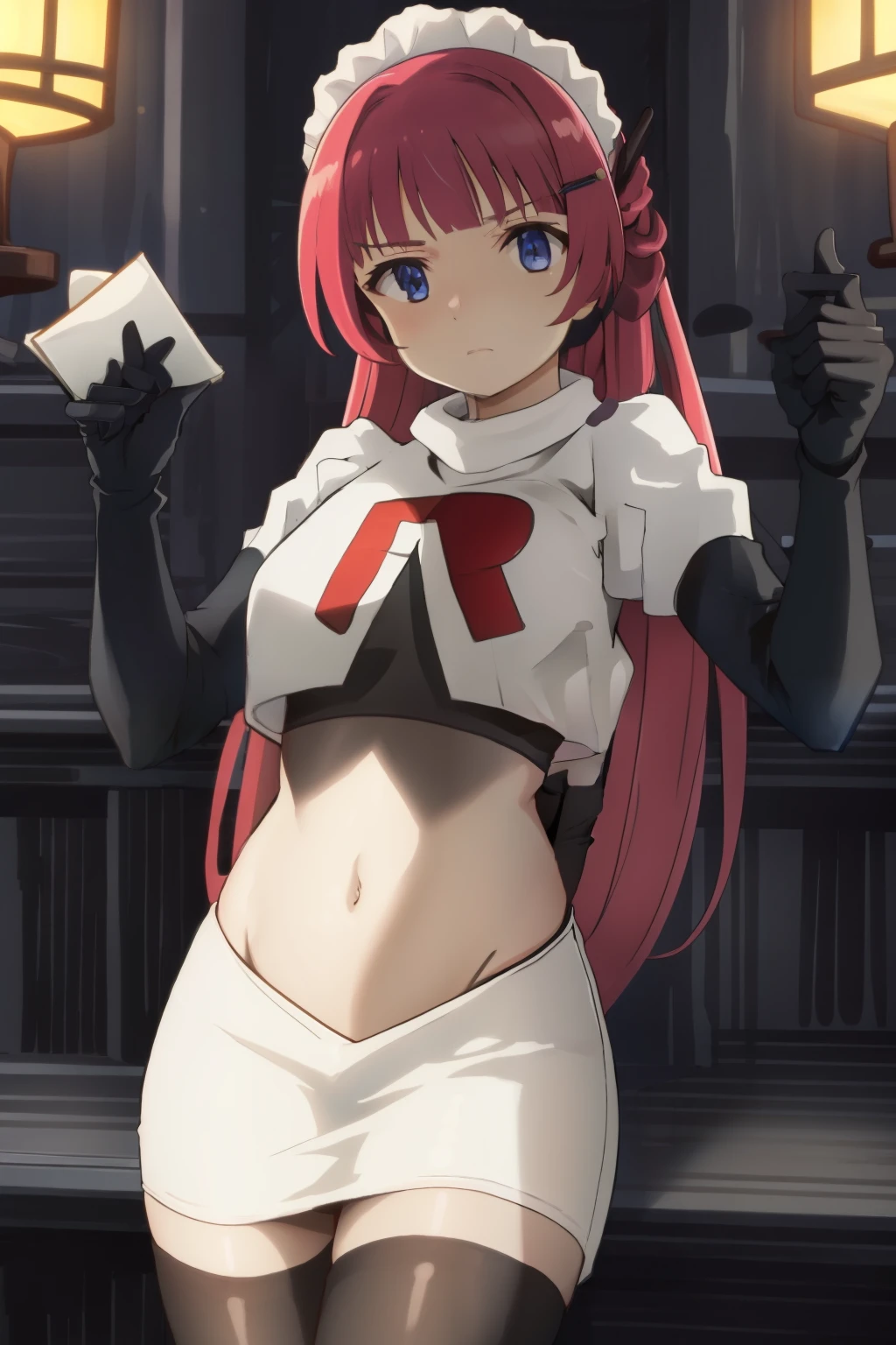 hntsadl_rose, hairclip,maid headband,team rocket,team rocket uniform,white skirt,red letter R,crop top,black thigh-highs,black elbow gloves, BREAK looking at viewer, cowboy shot, 1girl, solo, high contrast, sharp focus, masterpiece, best quality, highly detailed, HDR, highest quality, highres, sharp focus, 8k, 16k, skin pores, dynamic lights, realistic shadows, best shading, award winning masterpiece