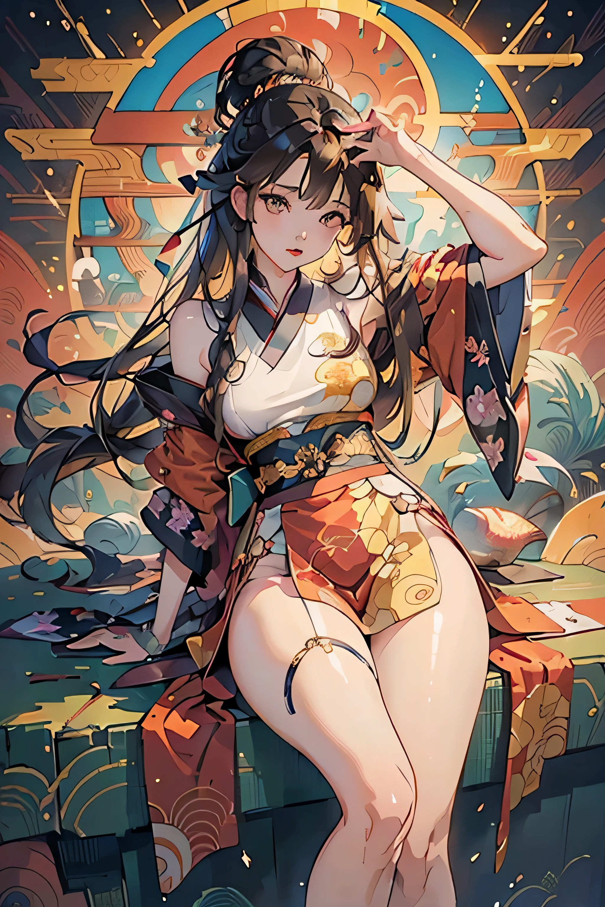 Personification of plum blossoms、Hanafuda frame、Decorative panel、abstract  art、By Alphonse Mucha (​masterpiece、top-quality、hight resolution: 1.4)、More about realism、intricate-detail、4K、color splashes、line-drawing、Fibonacci、