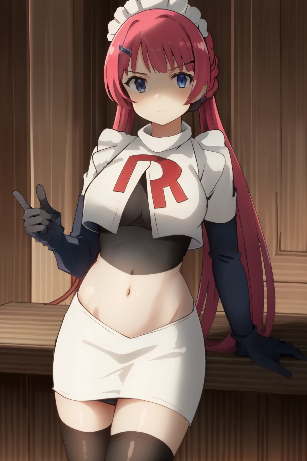 hntsadl_rose, hairclip,maid headband,team rocket,team rocket uniform,white skirt,red letter R,crop top,black thigh-highs,black elbow gloves, BREAK looking at viewer, cowboy shot, 1girl, solo, high contrast, sharp focus, masterpiece, best quality, highly detailed, HDR, highest quality, highres, sharp focus, 8k, 16k, skin pores, dynamic lights, realistic shadows, best shading, award winning masterpiece