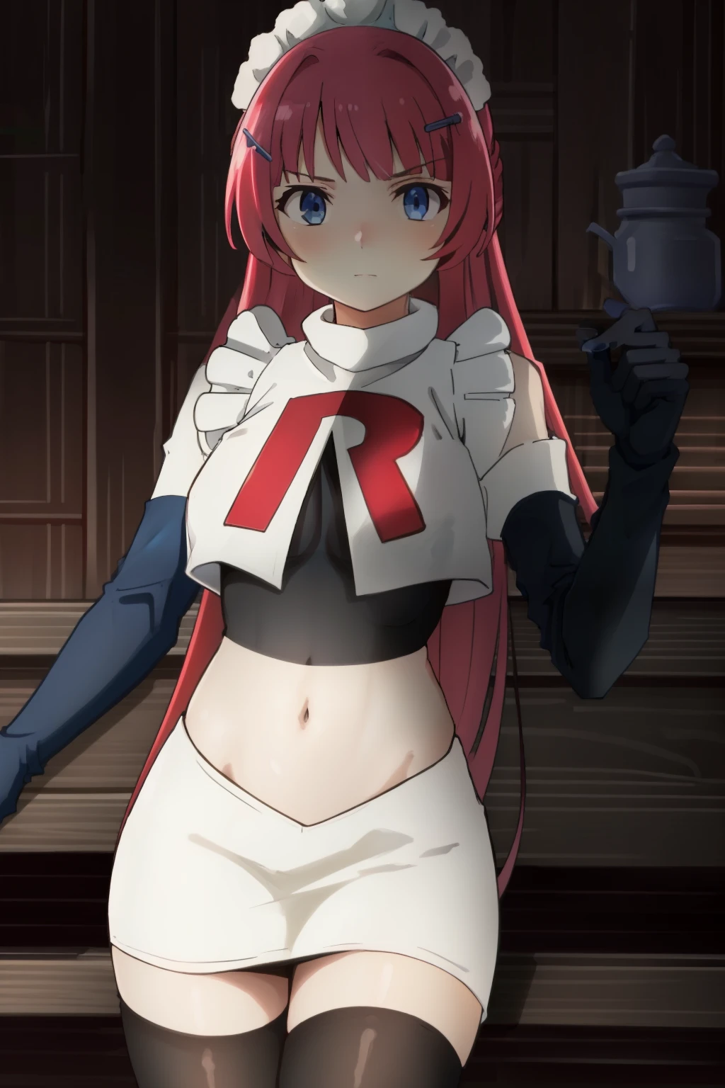 hntsadl_rose, hairclip,maid headband,team rocket,team rocket uniform,white skirt,red letter R,crop top,black thigh-highs,black elbow gloves, BREAK looking at viewer, cowboy shot, 1girl, solo, high contrast, sharp focus, masterpiece, best quality, highly detailed, HDR, highest quality, highres, sharp focus, 8k, 16k, skin pores, dynamic lights, realistic shadows, best shading, award winning masterpiece