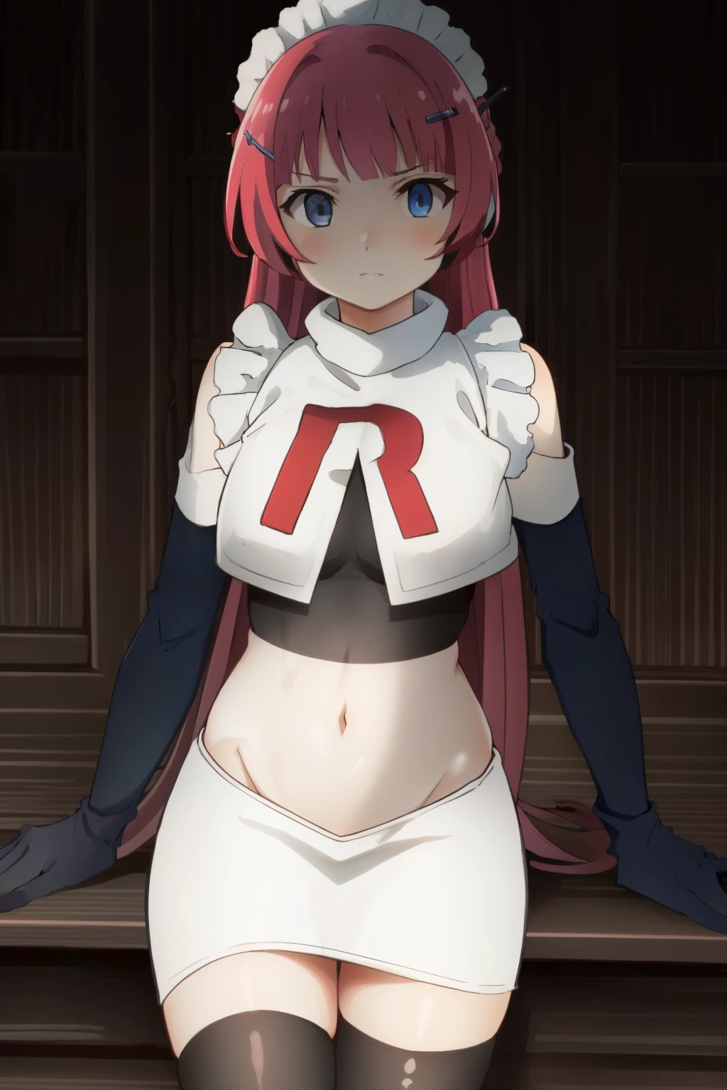 hntsadl_rose, hairclip,maid headband,team rocket,team rocket uniform,white skirt,red letter R,crop top,black thigh-highs,black elbow gloves, BREAK looking at viewer, cowboy shot, 1girl, solo, high contrast, sharp focus, masterpiece, best quality, highly detailed, HDR, highest quality, highres, sharp focus, 8k, 16k, skin pores, dynamic lights, realistic shadows, best shading, award winning masterpiece