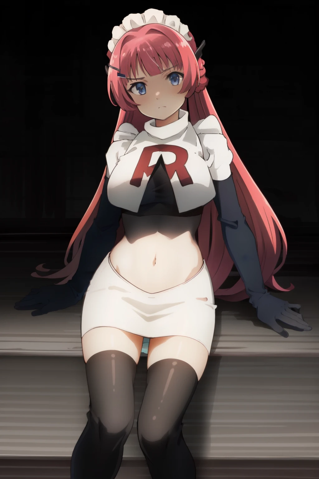 hntsadl_rose, hairclip,maid headband,team rocket,team rocket uniform,white skirt,red letter R,crop top,black thigh-highs,black elbow gloves, BREAK looking at viewer, cowboy shot, 1girl, solo, high contrast, sharp focus, masterpiece, best quality, highly detailed, HDR, highest quality, highres, sharp focus, 8k, 16k, skin pores, dynamic lights, realistic shadows, best shading, award winning masterpiece