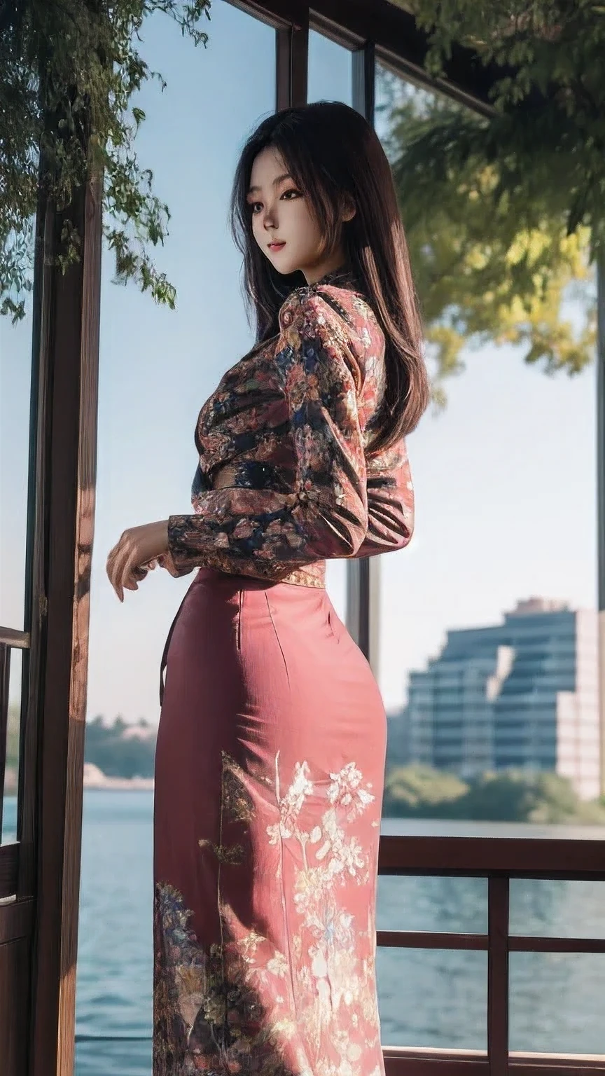 best quality, masterpiece, extremely detailed, detailed background, anime, 1girl, acmm ls outfit, wearing acmm top, red acmm top, long sleeves, wearing acmm long skirt, red acmm long skirt, printed skirt, outdoors, sun lighting, solo focus, back side shoot, full HD