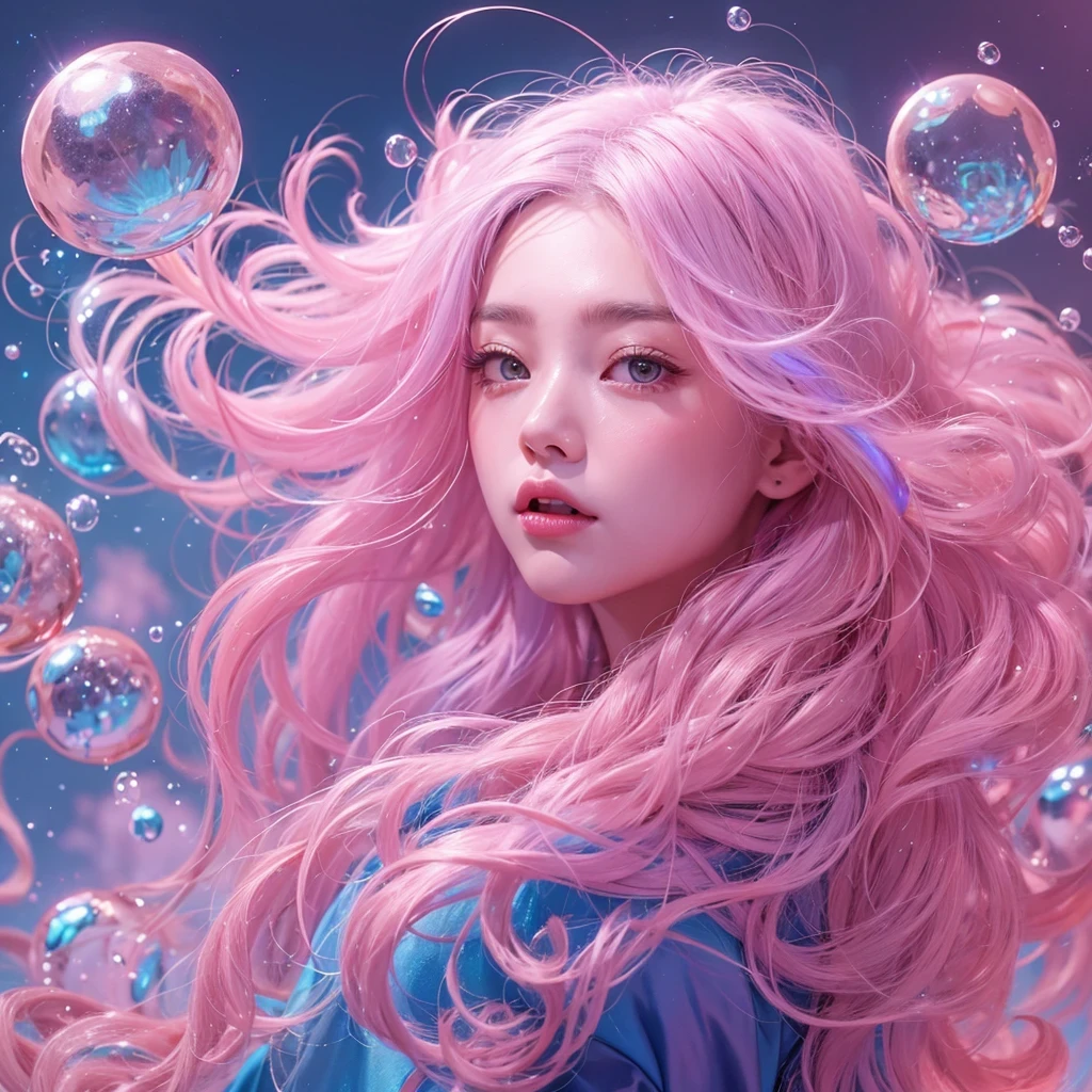 Goose pink blue color,enamel,agate,A flesh-colored world,Blood Blue Girl 32K(masterpiece,HD,Aoyama Pond,Ultra high quality,32)long flowing bright blue hair,blood pool,Ziddink, a color,Grumpy (After greeting), (Linen scarf), fighting stance, looking at the ground, Goose pink long hair, Floating bright blue, Fire cloud gold headdress, Chinese long-sleeved gold silk burgundy garment, (Abstract metaverse splash:1.2), White background,Peony flower vitality protector(粉realisticlying:1.4),bright purple hair,Smoke on the road,The background is very pure, high resolution, detail, RAW photos, Sharp Re, Nikon D850 film photo by Jefferies Lee 4 Kodak Portra 400 camera F1.6 guns, Rich pink shade, Ultra-realistic and vivid textures, dramatic lighting, Unreal Engine Art Station Trend, Sinest Powder 800,一个有着long flowing bright blue hair的女孩,Huge colorful bubbles鹅粉黄