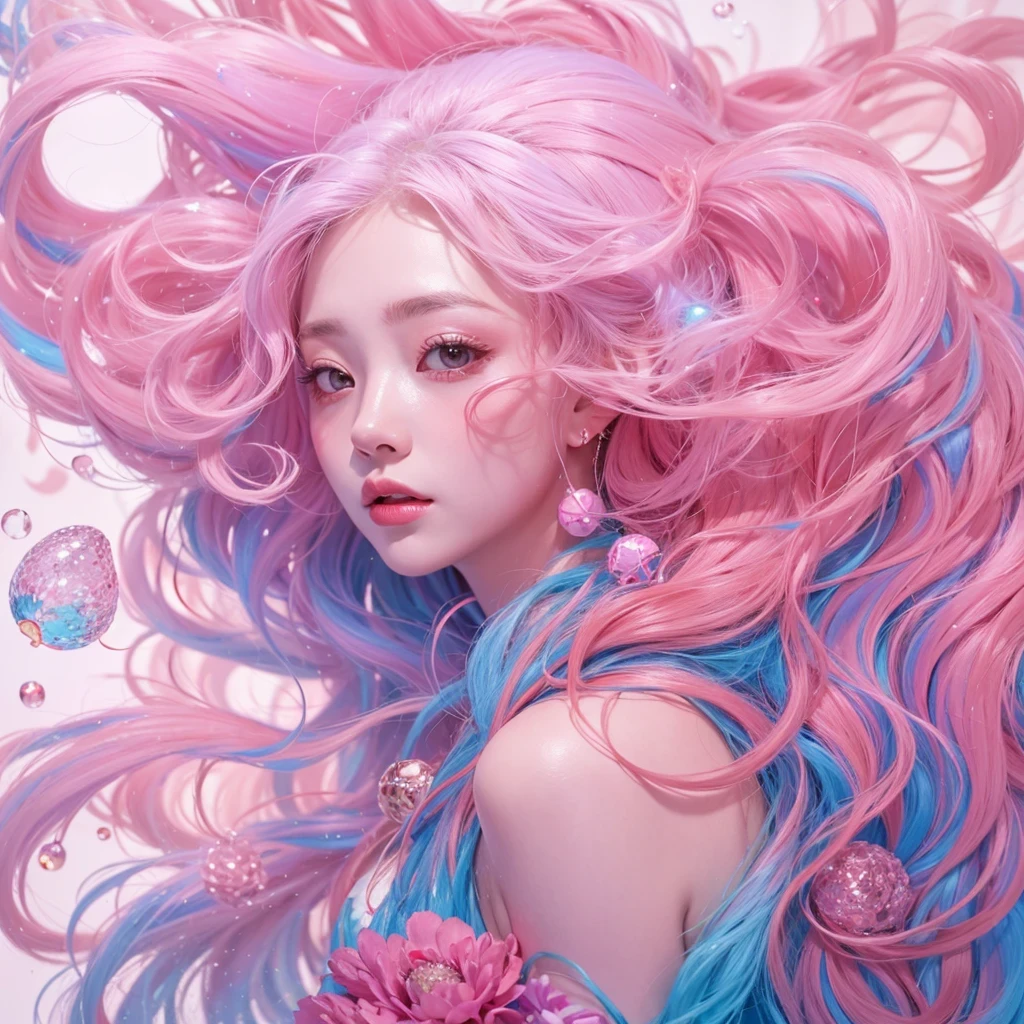Goose pink blue color,enamel,agate,A flesh-colored world,Blood Blue Girl 32K(masterpiece,HD,Aoyama Pond,Ultra high quality,32)long flowing bright blue hair,blood pool,Ziddink, a color,Grumpy (After greeting), (Linen scarf), fighting stance, looking at the ground, Goose pink long hair, Floating bright blue, Fire cloud gold headdress, Chinese long-sleeved gold silk burgundy garment, (Abstract metaverse splash:1.2), White background,Peony flower vitality protector(粉realisticlying:1.4),bright purple hair,Smoke on the road,The background is very pure, high resolution, detail, RAW photos, Sharp Re, Nikon D850 film photo by Jefferies Lee 4 Kodak Portra 400 camera F1.6 guns, Rich pink shade, Ultra-realistic and vivid textures, dramatic lighting, Unreal Engine Art Station Trend, Sinest Powder 800,一个有着long flowing bright blue hair的女孩,Huge colorful bubbles鹅粉黄