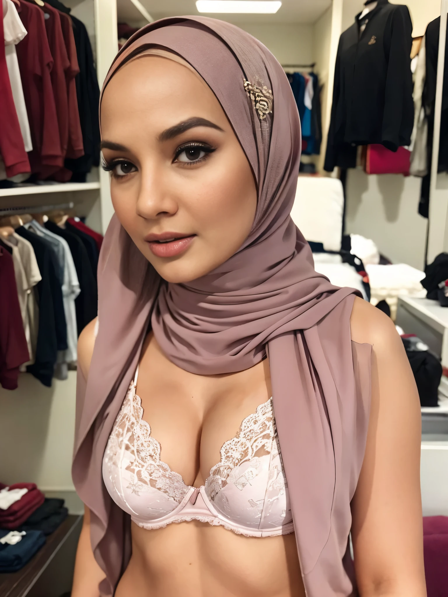 A very sexy facial reaction "Naked Lace Bra" ((Hijab)), (Malaysia female), age 33 years old, 8K, photottorialism, ((Flat Chest)), ((PANTY)) Street Village, Straddling , Owner of women's underwear store 