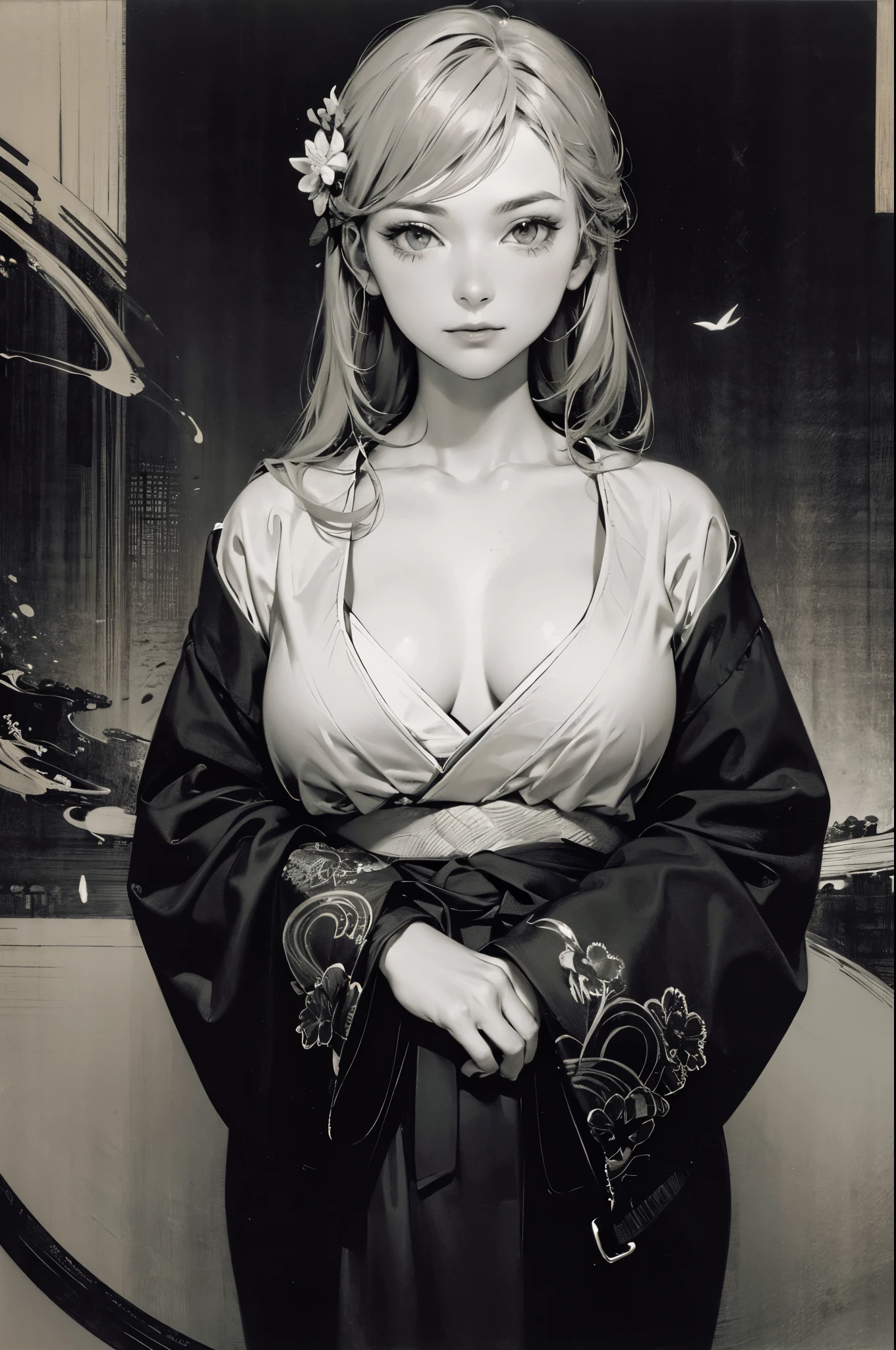 Umalinda warrior sexy, pretty face, Delicious Company, Alluring figure, Wearing a sexy open kimono. The artwork is created in a medium reminiscent of Japanese ink paintings....., 具有大胆的笔触和Monochromatic color palette. artist'Masterful technique reveals the intensity and power of the image'sense of presence,with the highest quality, Perfectly capture every detail with ultra-high resolution. Textures and intricate patterns on kimonos are rendered with extreme precision. Lighting is carefully designed,Enhance drama, Features deep shadows and subtle highlights. General, The artwork exudes elegance and power, Combining traditional Japanese aesthetics with a modern feel. Monochromatic color palette, Combine details, Create captivating and immersive experiences for your audience.