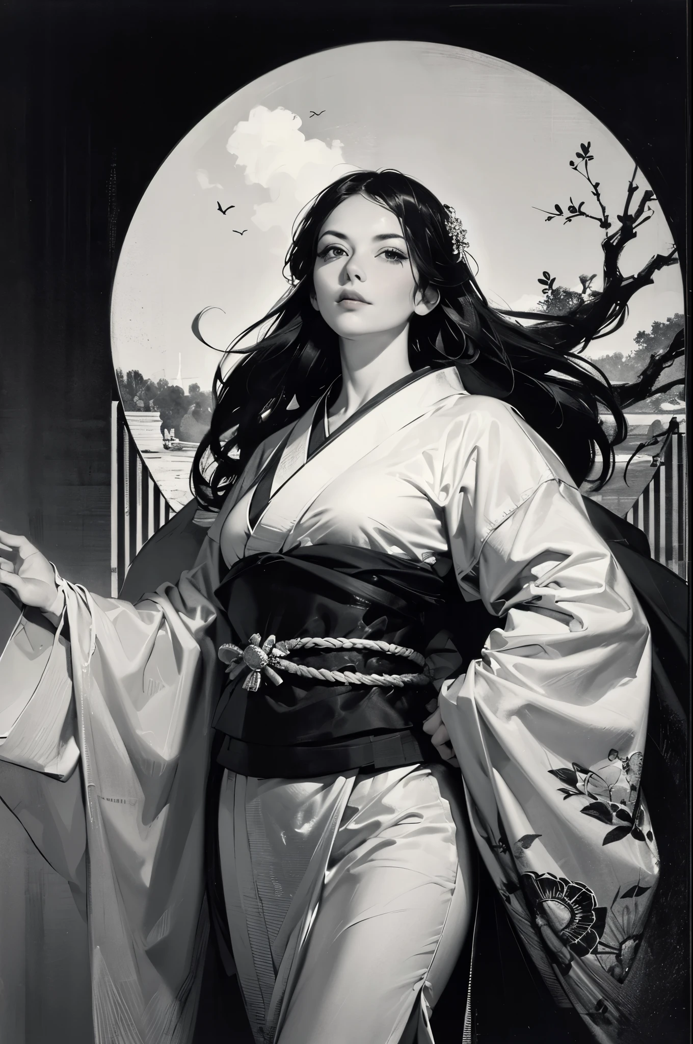 Umalinda warrior sexy, pretty face, Delicious Company, Alluring figure, Wearing a sexy open kimono. The artwork is created in a medium reminiscent of Japanese ink paintings....., 具有大胆的笔触和Monochromatic color palette. artist'Masterful technique reveals the intensity and power of the image'sense of presence,with the highest quality, Perfectly capture every detail with ultra-high resolution. Textures and intricate patterns on kimonos are rendered with extreme precision. Lighting is carefully designed,Enhance drama, Features deep shadows and subtle highlights. General, The artwork exudes elegance and power, Combining traditional Japanese aesthetics with a modern feel. Monochromatic color palette, Combine details, Create captivating and immersive experiences for your audience.