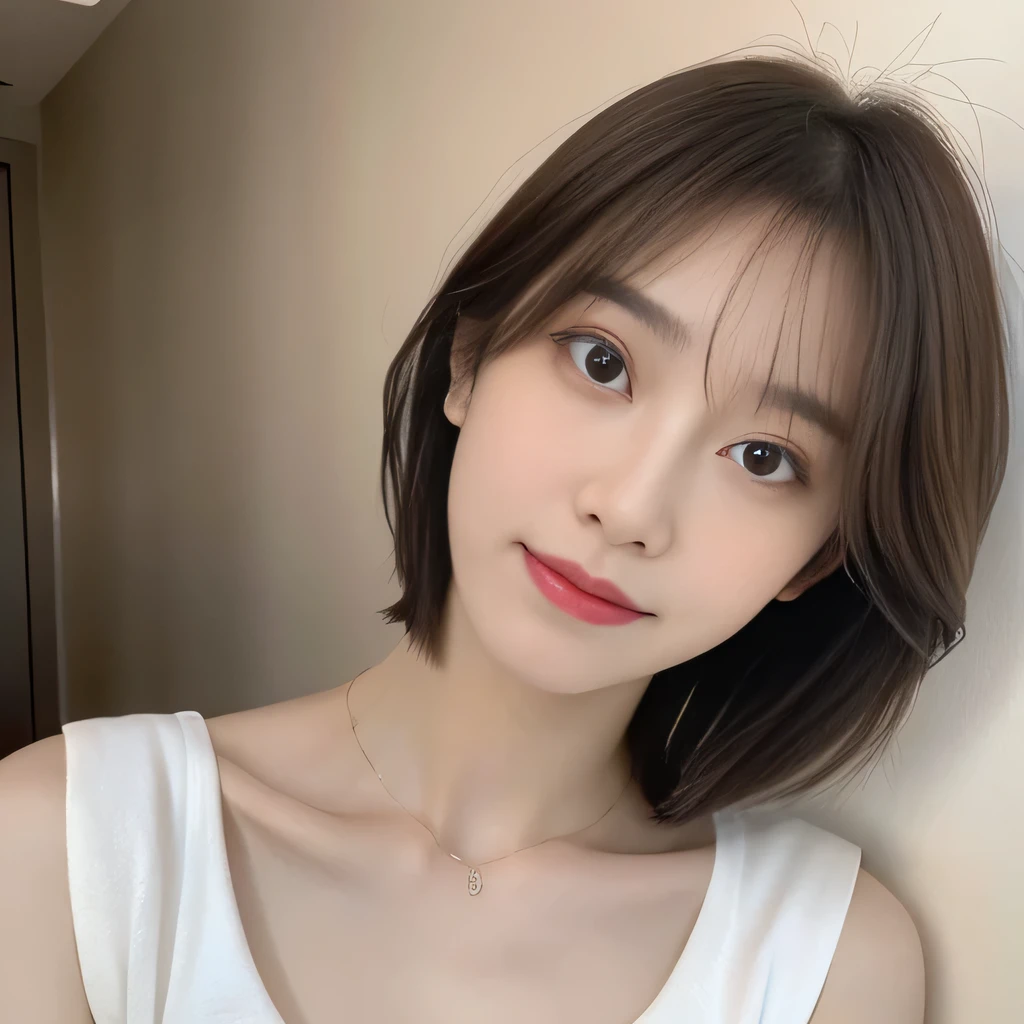One woman sits, Looking down at a woman from above, woman looks at viewer,  looking at camera, beautiful clavicle, broad shoulders, Beautiful woman, 15 years old, viewer&#39;point of view, Shirt with visible collarbone, cute, look up, turn towards me, Emphasis on the clavicle, random hairstyle, beautiful eyes, double, Irojirou, like an idol, disco, 