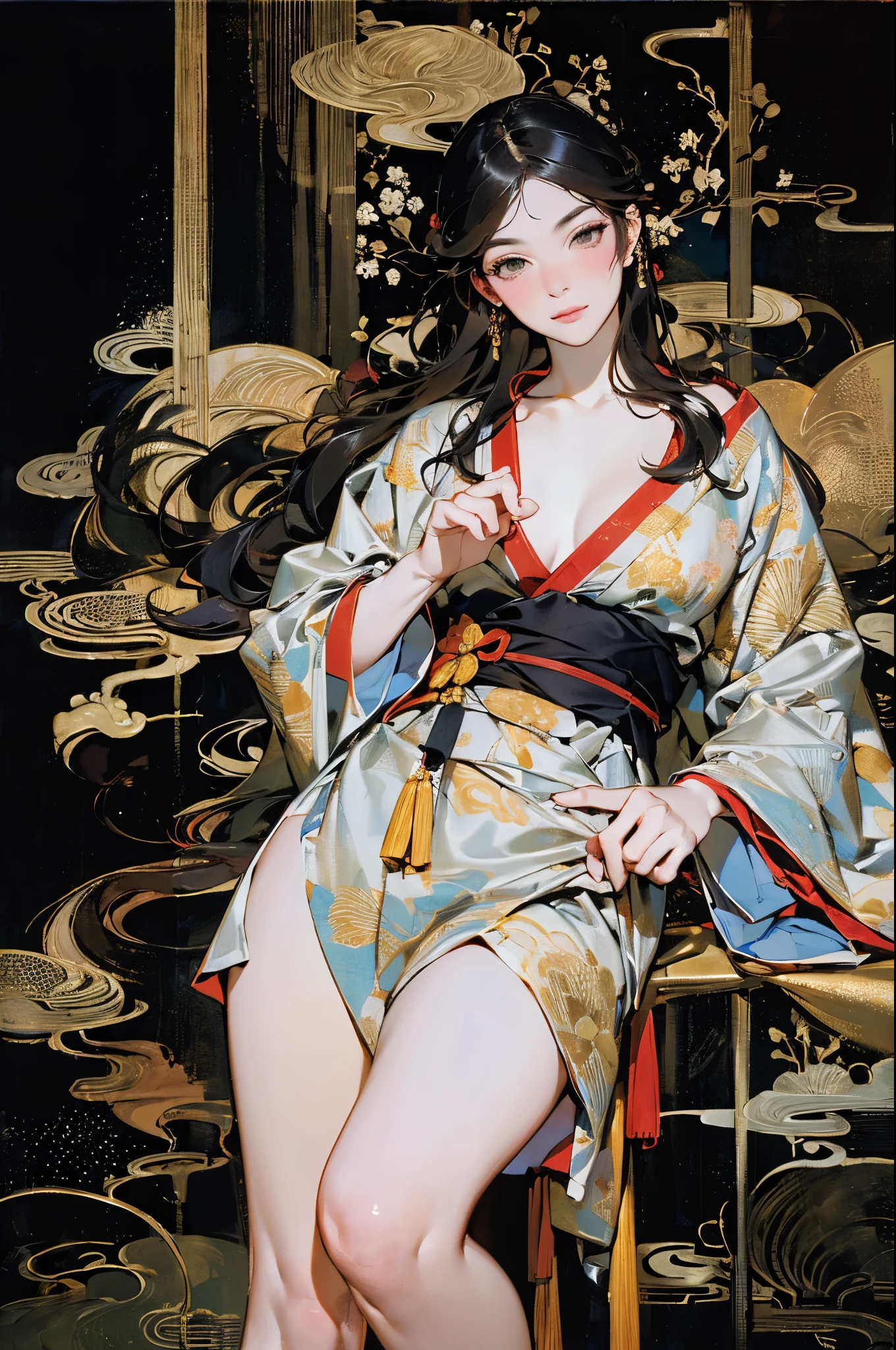 Umalinda warrior sexy, pretty face, Delicious Company, Alluring figure, Wearing a sexy open kimono. The artwork is created in a medium reminiscent of Japanese ink paintings....., 具有大胆的笔触和Monochromatic color palette. artist&#39;Masterful technique reveals the intensity and power of the image&#39;sense of presence，with the highest quality, Perfectly capture every detail with ultra-high resolution. Textures and intricate patterns on kimonos are rendered with extreme precision. Lighting is carefully designed，Enhance drama, Features deep shadows and subtle highlights. General, The artwork exudes elegance and power, Combining traditional Japanese aesthetics with a modern feel. Monochromatic color palette, Combine details, Create captivating and immersive experiences for your audience.