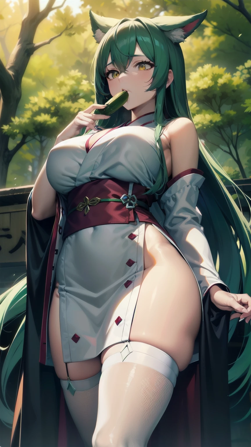 ((masterpiece)), (best quality:1.7), (detailed:1.4), (high res:1.4), 8k, (colorful:1.5), high resolution, sharped image, 4k, hd, (beautiful detailed background:1.2), (beautiful lighting:1.2), (highly detailed:1.2), perfect lighting, (8k wallpaper:1.2), (highly detailed:1.2), (extremely detailed CG:1.2), large breasts, a woman in a primarily white red kimono outfit, green long haired, seductive anime girl, anime kitsune, perfect green haired girl, cute anime waifu in a nice dress, beautiful alluring anime woman, guweiz, top rated on pixiv, attractive anime girl, beautiful anime woman, beautiful anime girl, long green hair, green-haired, green haired, kitsune, animal fox ears, busty, orange-yellow eyes, orange yellow eyes, white thigh high, white thigh highs, shrine maiden, white and red clothes design, more red on clothes, japanese vibe, out in nature, sunshine in background, nice day out, grass, nature, nature backdrop, eating cucumber