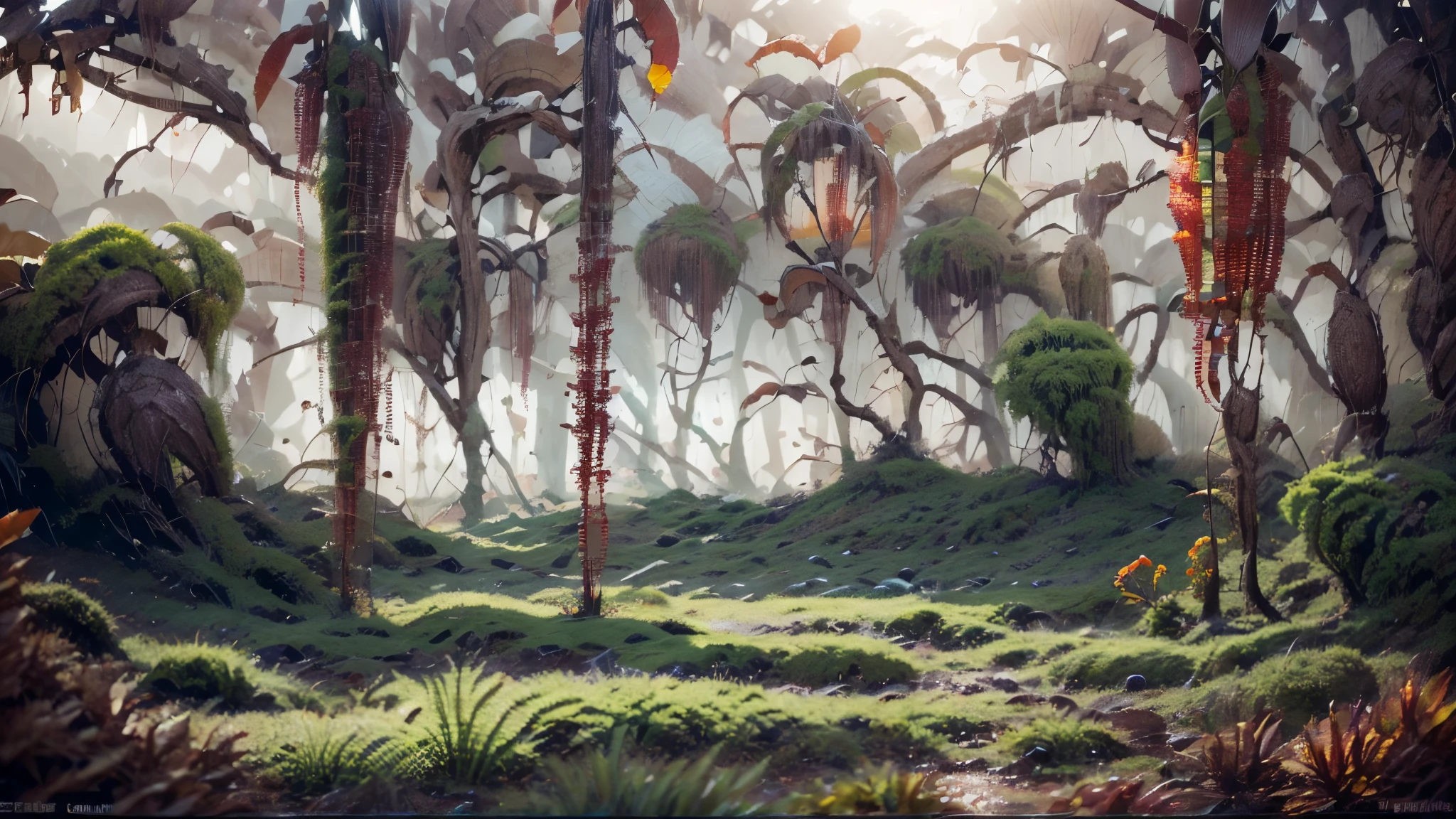 "A young woman with a sense of wonder explores an alien planet with vibrant chrome vegetation. The surreal landscape and flora create a stunning juxtaposition in a space-age paradise.