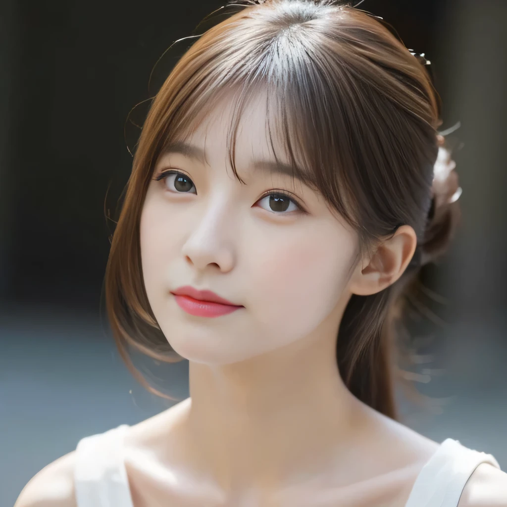 One woman sits, Looking down at a woman from above, woman looks at viewer, looking at camera, beautiful clavicle, broad shoulders, Beautiful woman, , viewer'point of view, Shirt with visible collarbone, cute, look up, turn towards me, Emphasis on the clavicle, random hairstyle, beautiful eyes, double, Irojirou, like an idol, disco,