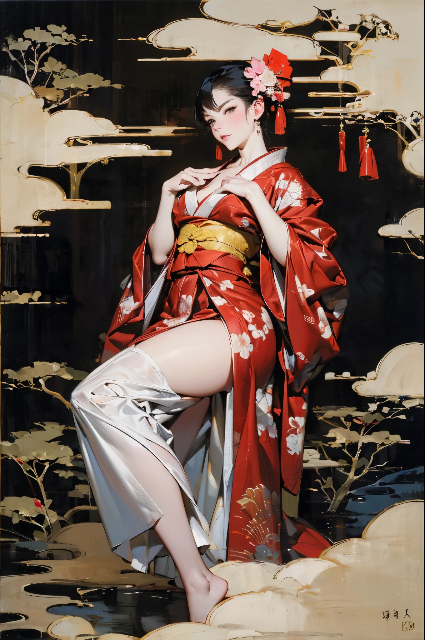 Detailed Background,Art Deco,Beautiful landscape painting,Botanical Art,Flower Art,(Floral:1.2), (masterpiece, Highest quality),Vibrant colors,colorful, Highest quality, Amazing details, Anatomically correct, Line art, Written boundary depth,Flat Shading,Bokeh, woman、、Black Hair、 whole body、Showing off pussy、 Sit with your legs apart:1.5、Showing pussy、sexy、Passionate、Stretch your legs、(Thighs)、(Small breasts)、Slim style、(barefoot)、 Mucha style、Ukiyo-e style、Looking up at the camera、Browsing Caution