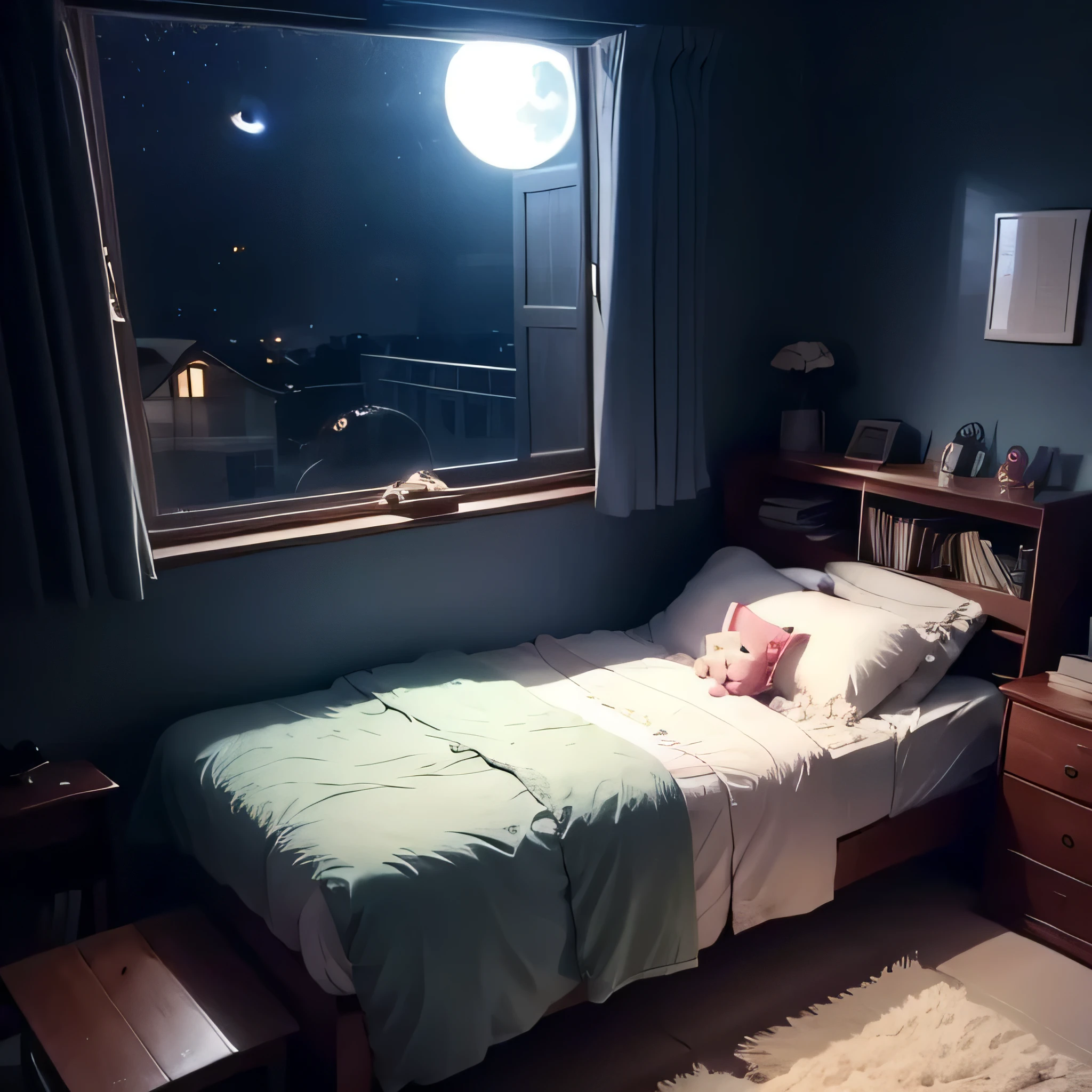 girl'my room、Cute bed、cute stuffed animals、A study desk that conveys your desire to study、bookshelf、You can see the night sky from the window、curtains are closed、I can't see outside、room at night、The windows are small、the whole room is dark, Just a little bit of moonlight shines in.、Panoramic view of the room、dark room、stand light that illuminates the desk、Cute bed、curtains are closed、the moon is small、bookshelfと勉強机は必須