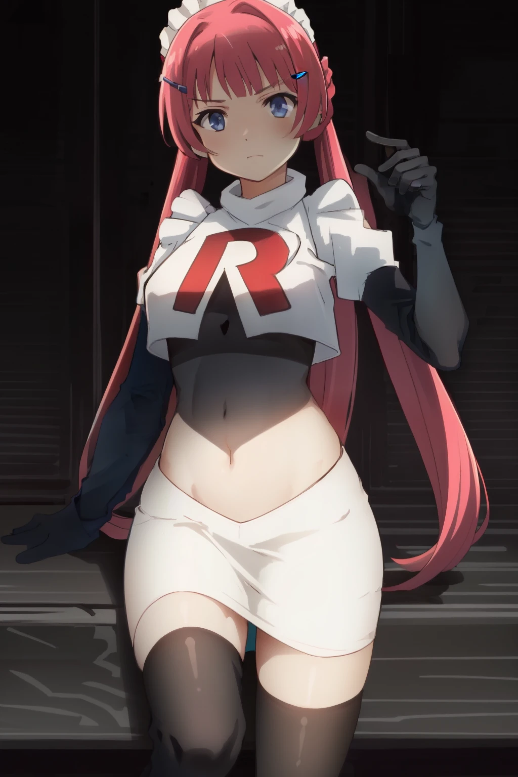 hntsadl_rose, hairclip,maid headband,team rocket,team rocket uniform,white skirt,red letter R,crop top,black thigh-highs,black elbow gloves, BREAK looking at viewer, cowboy shot, 1girl, solo, high contrast, sharp focus, masterpiece, best quality, highly detailed, HDR, highest quality, highres, sharp focus, 8k, 16k, skin pores, dynamic lights, realistic shadows, best shading, award winning masterpiece