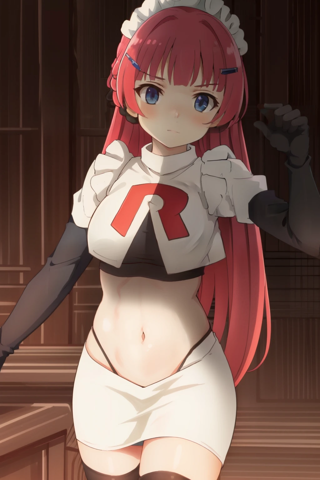 hntsadl_rose, hairclip,maid headband,team rocket,team rocket uniform,white skirt,red letter R,crop top,black thigh-highs,black elbow gloves, BREAK looking at viewer, cowboy shot, 1girl, solo, high contrast, sharp focus, masterpiece, best quality, highly detailed, HDR, highest quality, highres, sharp focus, 8k, 16k, skin pores, dynamic lights, realistic shadows, best shading, award winning masterpiece