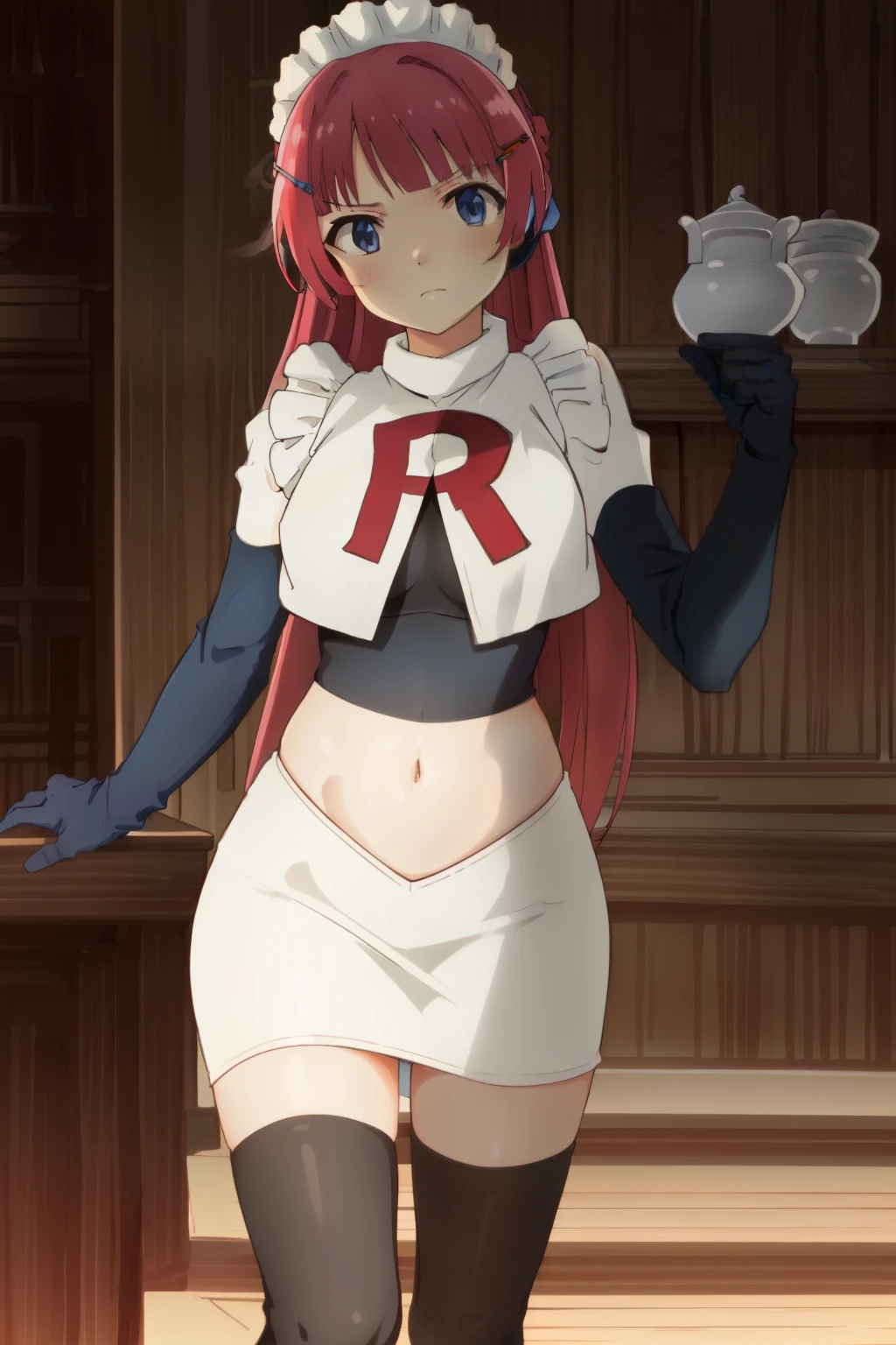 hntsadl_rose, hairclip,maid headband,team rocket,team rocket uniform,white skirt,red letter R,crop top,black thigh-highs,black elbow gloves, BREAK looking at viewer, cowboy shot, 1girl, solo, high contrast, sharp focus, masterpiece, best quality, highly detailed, HDR, highest quality, highres, sharp focus, 8k, 16k, skin pores, dynamic lights, realistic shadows, best shading, award winning masterpiece