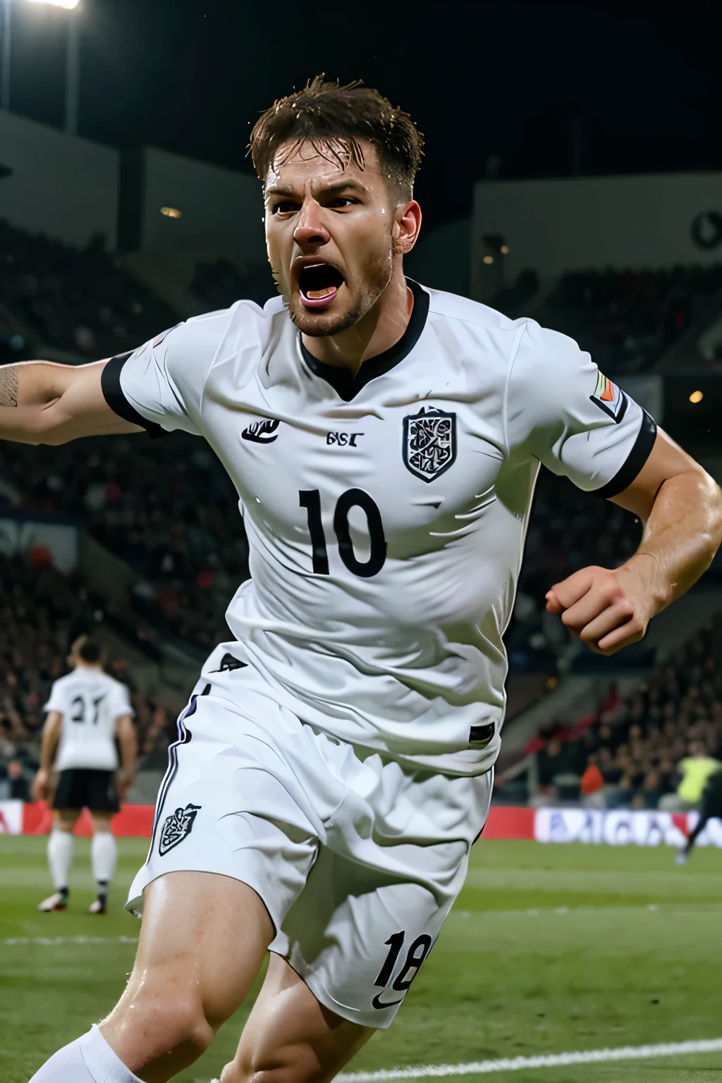 um homem muito realista com uma cara brava em branco 4k feliz marcando um gol