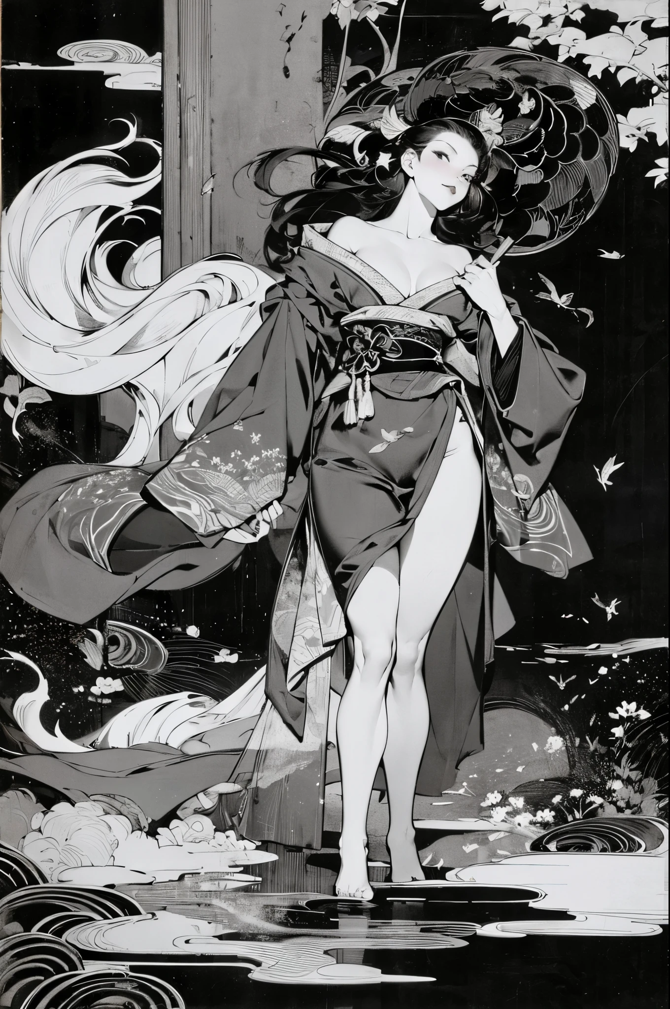 Umalinda warrior sexy, pretty face, Delicious Company, Alluring figure, Wearing a sexy open kimono. The artwork is created in a medium reminiscent of Japanese ink paintings....., 具有大胆的笔触和Monochromatic color palette. artist&#39;Masterful technique reveals the intensity and power of the image&#39;sense of presence，with the highest quality, Perfectly capture every detail with ultra-high resolution. Textures and intricate patterns on kimonos are rendered with extreme precision. Lighting is carefully designed，Enhance drama, Features deep shadows and subtle highlights. General, The artwork exudes elegance and power, Combining traditional Japanese aesthetics with a modern feel. Monochromatic color palette, Combine details, Create captivating and immersive experiences for your audience.