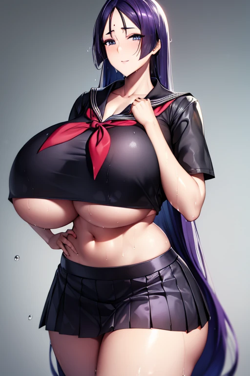 raikou, raikou, (parted bangs:1.5), (purple eyes:1.1), purple hair, long hair, hime cut, (forehead:1.5), (huge breasts:1.2), smile, BREAK black sailor collar, black serafuku, black shirt, collarbone, crop top, crop top overhang, cropped shirt, long skirt, midriff, navel, neckerchief, pleated skirt, red neckerchief, sailor collar, school uniform, serafuku, shirt, skirt, BREAK indoors, classroom, BREAK looking at viewer, (cowboy shot:1.5), BREAK (masterpiece:1.2), best quality, high resolution, unity 8k wallpaper, (illustration:0.8), (beautiful detailed eyes:1.6), extremely detailed face, perfect lighting, extremely detailed CG, (perfect hands, perfect anatomy),（ (Super shiny hair and skin), (Sunlight), ((Beautiful) ), (Huge breastody: 1.5), (Huge breasts: 1.5), Sweaty body, cleavage, ((microbikini:1.2)))(very huge breasts: 1. 6)(very huge breasts: 1. 6)(very long breasts: 1. 6)(lots of lotion body:1.5(Big breasts 1.7)(lots of lotion body:1.5) (wet skin and hair: 1.5)