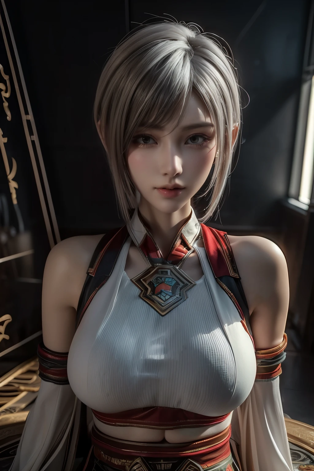 Masterpiece,Game art,The best picture quality,Highest resolution,8K,(Portrait),Unreal Engine 5 rendering works,(Digital Photography),((Portrait Feature:1.5)),
20 year old girl,Short hair details,With long bangs,(The red eye makeup is very meticulous),(White with short hair:1.4),(Large, full breasts),Elegant and noble,Brave and charming,
(Cyberpunk combat suit combined with the characteristics of Chinese fairy costume,Combined with the characteristics of Dunhuang costumes,Ribbon,Golden pattern),Cyberpunk figures,Big moon background,
Movie lights,Ray tracing,Game CG,((3D Unreal Engine)),OC rendering reflection pattern
