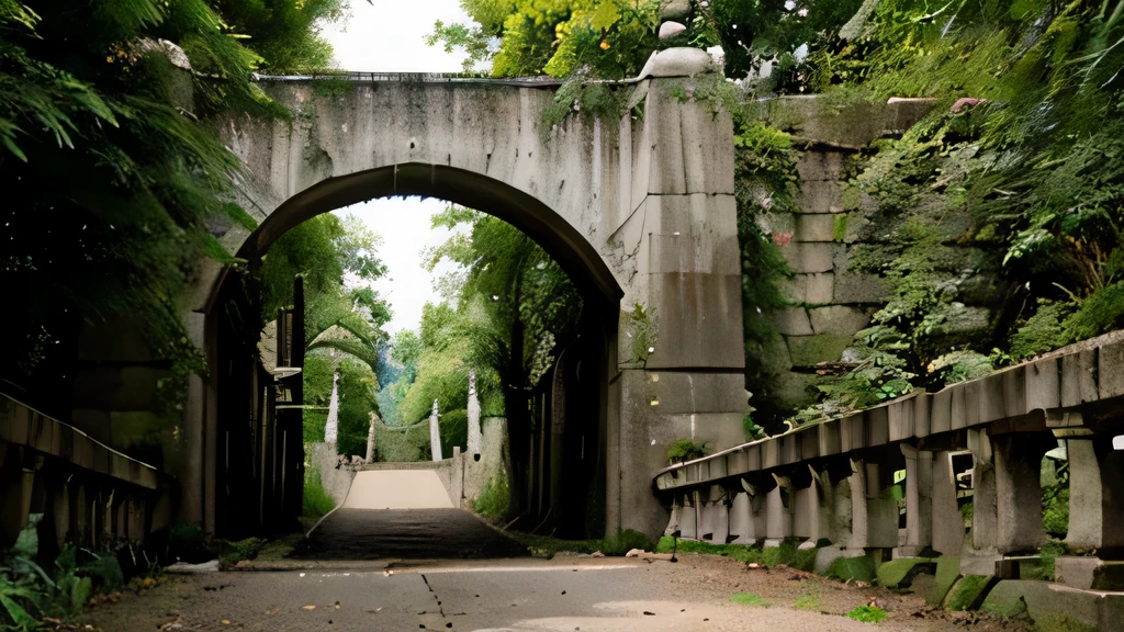 large concrete ravine with pillars in both sides a concrete bridge going going across and foliage growing on it