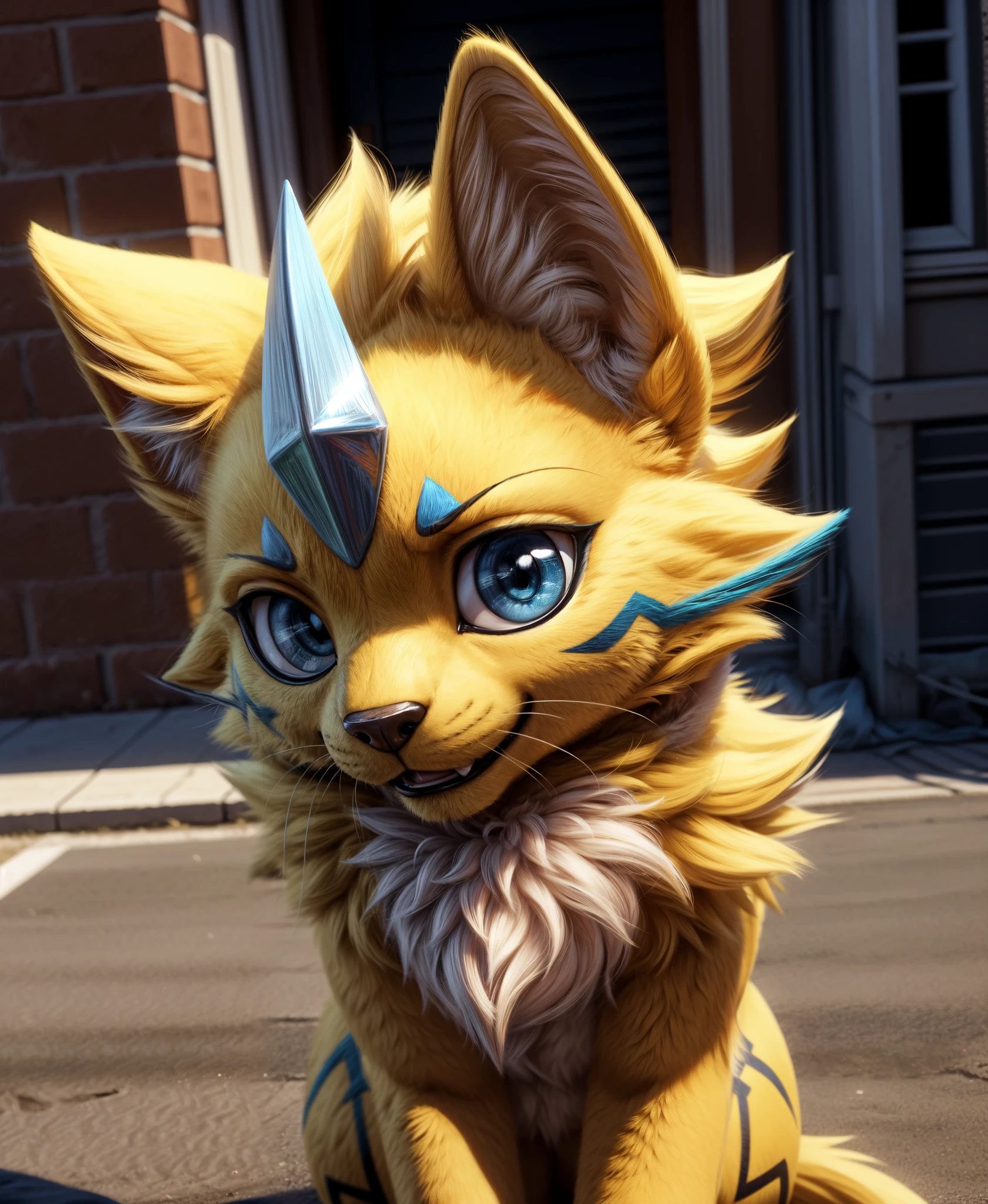 (high detail, film photography, soft focus, soft shaded, RAW candid cinema, photorealism:1.2, realistic, photorealistic:1.4, analog style, subsurface scattering, masterpiece, best quality, ultra realistic, 8k),, zeraora, Pokemon, yellow, fur,  blue eyes, smiling, cute, masterpiece, full body,, , anatomically correct,