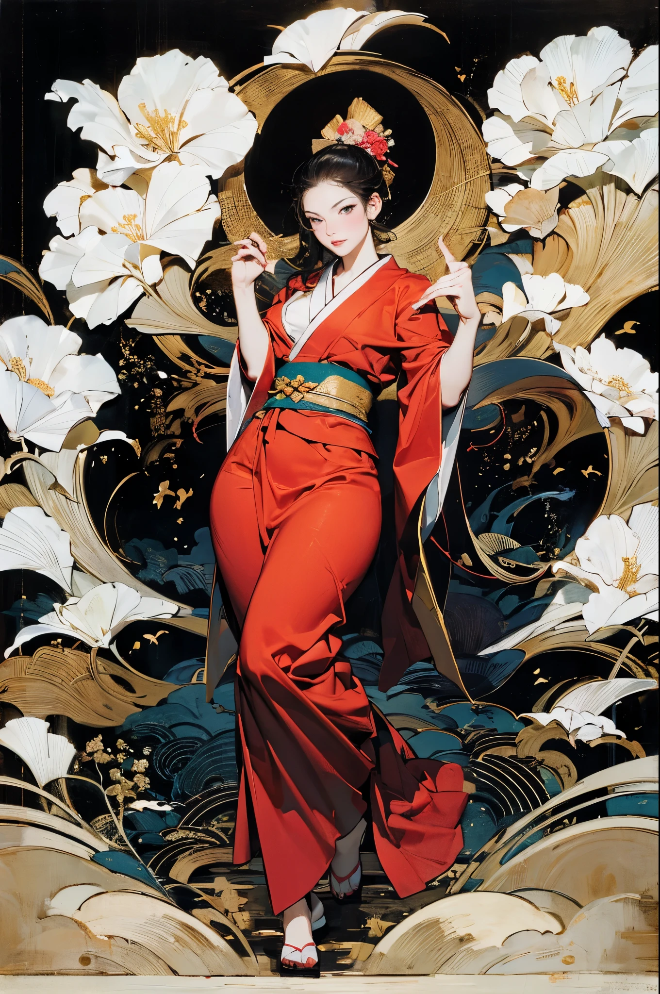 superflat, flat colors, 1girl, 19yo, slim, (medium breast), short bob dark hair, (ornate green leaves kimono), topless, nipple, standing, shy, autumn leaves, yellow, golden, autumn forest, vibrant colors, psychedelic, vibrant, bright, watercolor