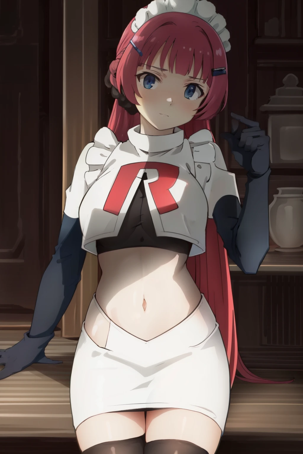 hntsadl_rose, hairclip,maid headband,team rocket,team rocket uniform,white skirt,red letter R,crop top,black thigh-highs,black elbow gloves, BREAK looking at viewer, cowboy shot, 1girl, solo, high contrast, sharp focus, masterpiece, best quality, highly detailed, HDR, highest quality, highres, sharp focus, 8k, 16k, skin pores, dynamic lights, realistic shadows, best shading, award winning masterpiece