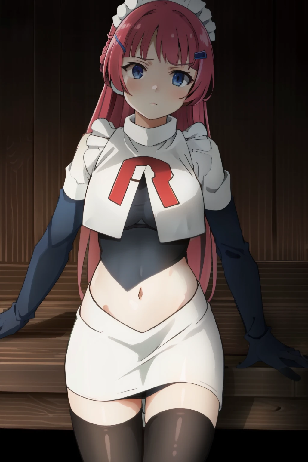 hntsadl_rose, hairclip,maid headband,team rocket,team rocket uniform,white skirt,red letter R,crop top,black thigh-highs,black elbow gloves, BREAK looking at viewer, cowboy shot, 1girl, solo, high contrast, sharp focus, masterpiece, best quality, highly detailed, HDR, highest quality, highres, sharp focus, 8k, 16k, skin pores, dynamic lights, realistic shadows, best shading, award winning masterpiece