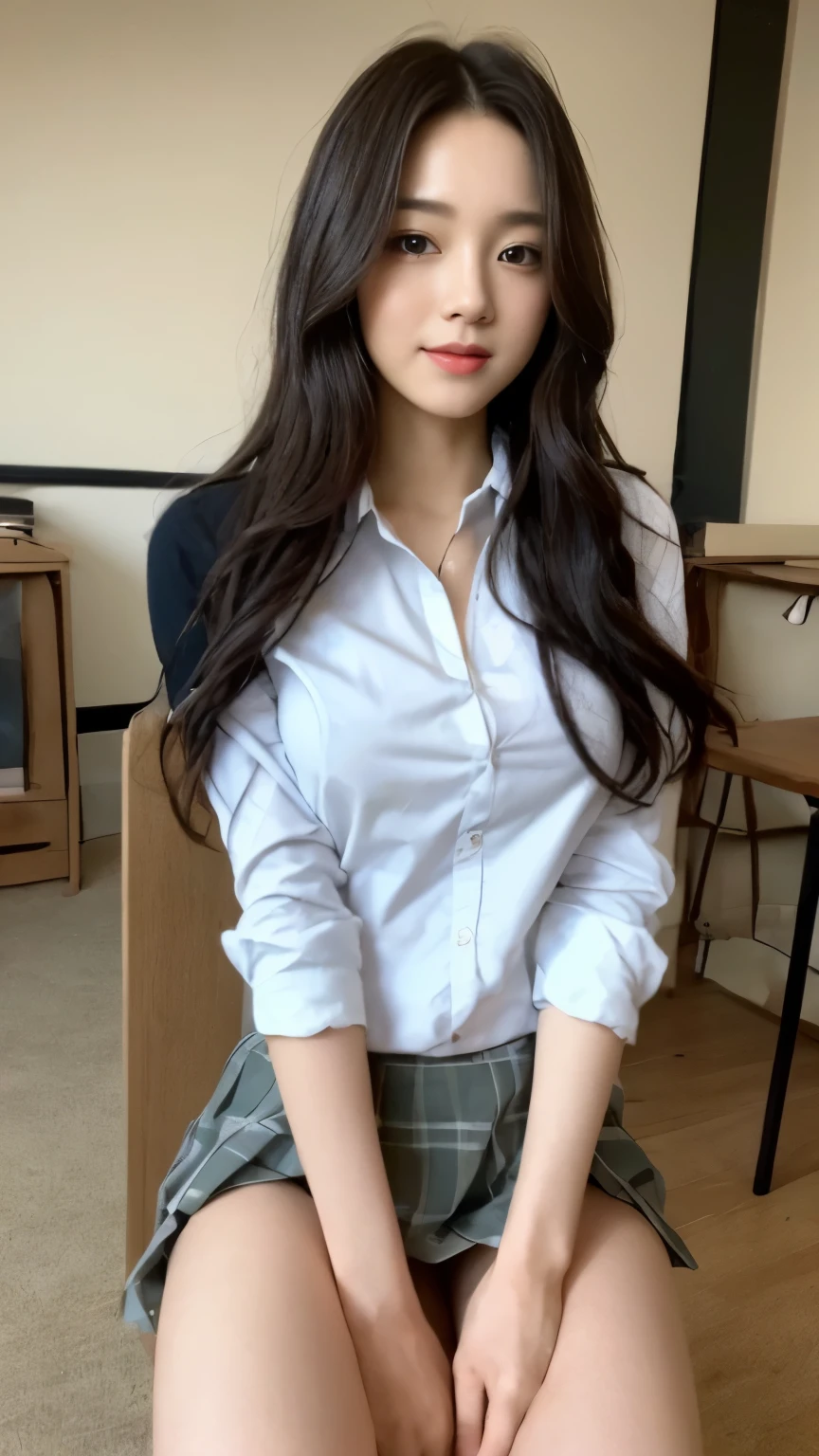 ((top-quality、8k、masterpiece:1.3))、Beautiful woman with perfect body:1.4、slim abdomen:1.2、Longhair, normal breast, Highly detailed facial and skin texture, A detailed eye, delicate eyes, double eyelid, (smile), (full body shot), ((class room 1.2)), (sitting on chair), ((wearing student uniform 1.1)), looking in front