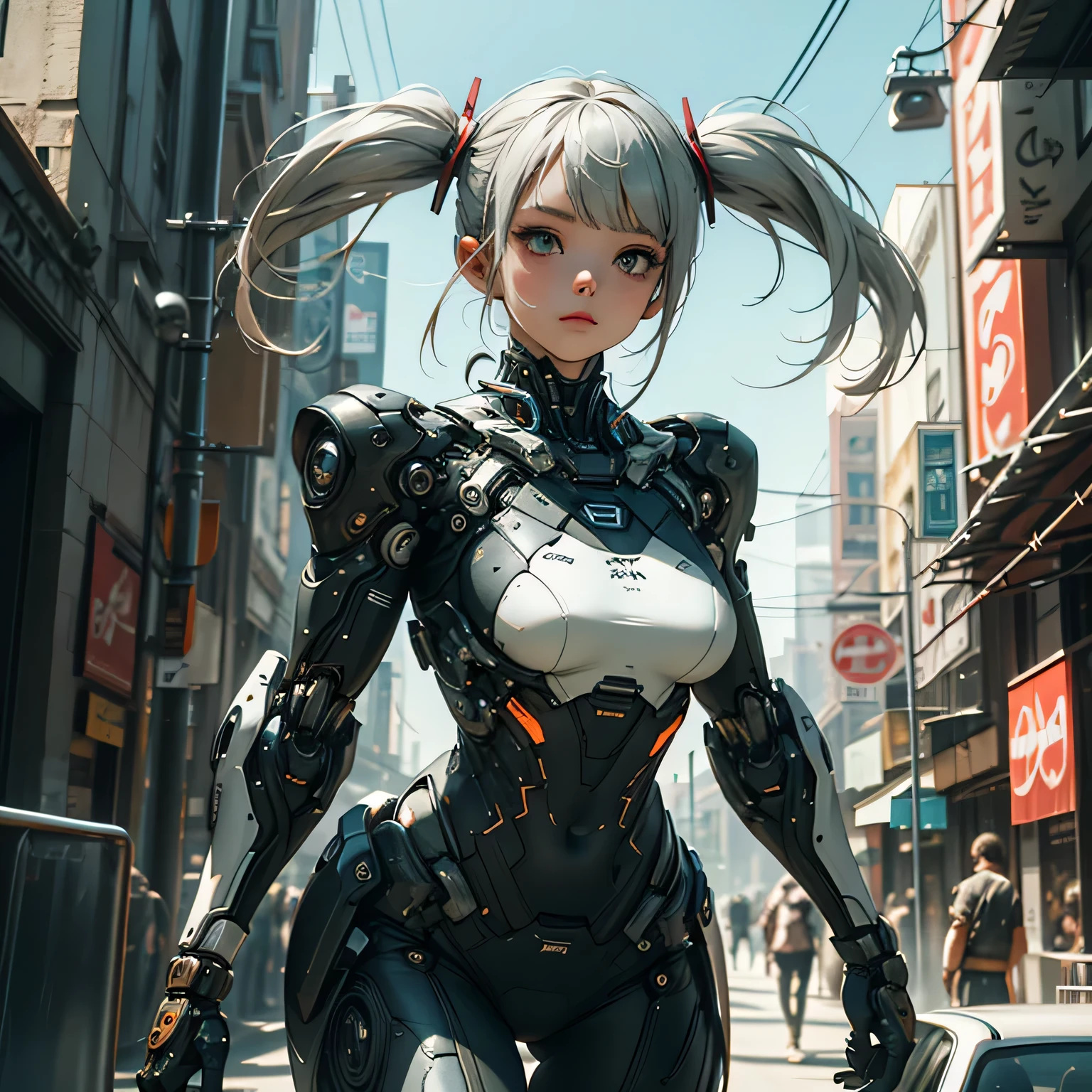 masutepiece、超A high resolution、Powerful images、8K、Men and women、A super futuristic city on a grand scale、Future landscape in 2530、、cyborg female warrior、frog mutant male、Robot Soldier、bodysuit woman、walk side by side towards the camera、Wearing metal armor、Ready for battle with guns、