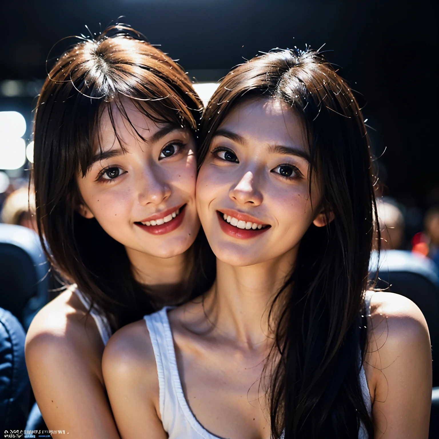 identical twin sisters、(In 8K、 Raw photo、highest quality,、High resolution),、(hyper realistic)、(realistic),、soft light、、with a girl、lifelike face、realistic body、real looking skin、absurd、masterpiece、cuties、solo、innocent eyes、鬠红、movie theater lighting、cherry color lip、hair 、Close-up、looking at the viewer、 open lips,、upper teeth,、(smiling eyes:0.6)、focus of the eye、professionally lit、CG social trends、plastic en、((黒い長いhair))、((Beautiful woman))、(laughter)、Snazzy、Happy -、fashion magazine、((cinematic lighting))、grin、ride a horse、