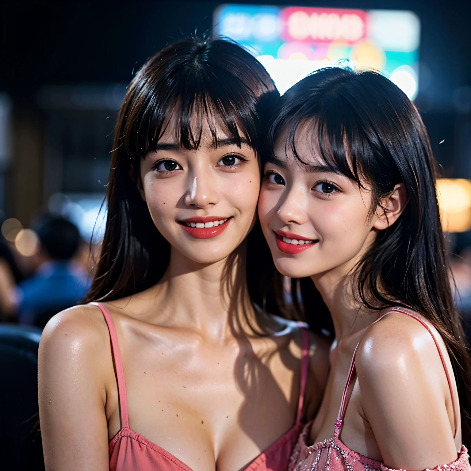 ((highest quality、8K、masterpiece、:1.3))、(1 girl)、A beautiful Japanese woman、laughter、whole bodyエスビアン、slim face、Beautiful woman、(dark brown hair)、bondage:1.1、super detailed face、detailed eye、double eyelid、blurred background、night scene、exterior、street、sit、whole body、full body、big breasts、(big breasts)、(whole bodyを見せて)、((shiny swimwear))