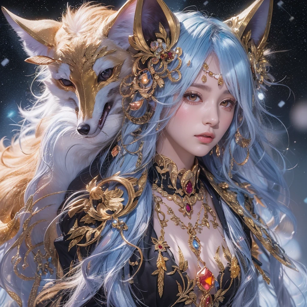 Feitian Nine Tails Light Blue Celestial Master Flame Hairy Fox Star，novel，Torch Night Black Gold Orange Snake Print Silk Trousers，Rouge Diamond Tulle Sheer Lizard Print，Fat girl flying in space in the snow 1:900 miniatures，Front view，pure transparency，put on boxing gloves，Wear gold-framed reflective sunglasses，Panoramic super wide angle，very happy，Authentic and delicate texture，Strong visual impact，Super detailed，dream girl，delicate face型，beautiful eyes，Hair floating in the air， Cherry style，Zhou Xiaotong，crystal clear，Good sense of perspective，Light and shadow effects，16K smooth，surface reflected light，flowing black hair，Water Goddess 32K，complicated，grace，Very detailed，magnificent，digital photography，Autumn Cowboy Shooting，Surrealism，broken ruby，defeat magic，Water magic entanglement，（masterpiece，movie lighting，beautiful eyes：1.2），high dynamic range，void 5 energy storm，(china 1 girl，black eyes:1.5），rouge skin，glowing skin，(sit on stone：1.5），delicate face，black hair，Put on gorgeous golden armor，take off shoulders，，short skirt，beautiful golden armor，it&#39;It&#39;s raining，beautiful big breasts，looking at the audience，Turn your back to the camera，masterpiece，side,side portrait close-up