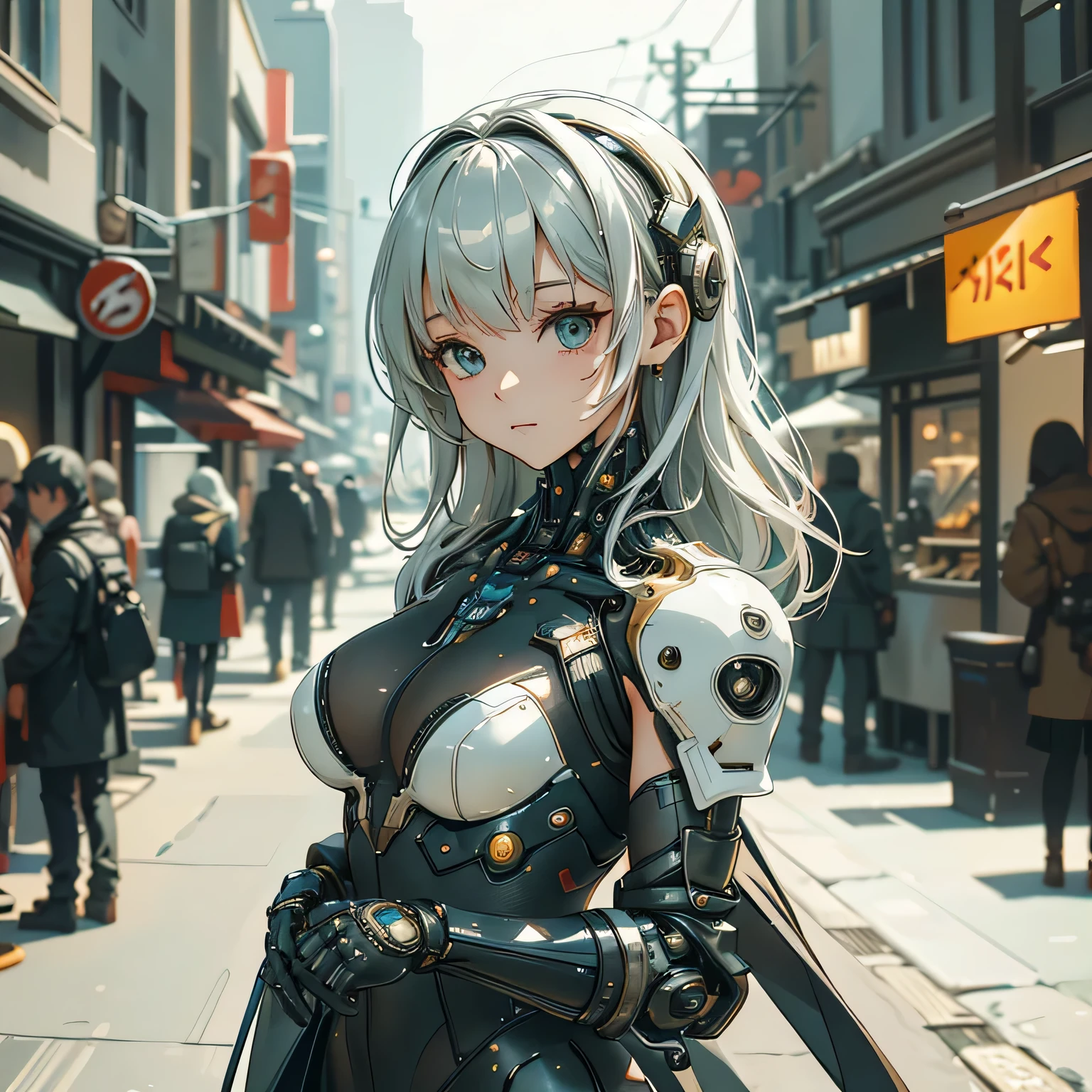 (highest quality、masterpiece)、(Super detailed)、Very detailed CG、8k、unreal engine、3D rendering、beautiful mechanic、((high contrast))、(High chroma)、((very delicate and beautiful))、reflected light、highly detailed background、(cyber punk、machine city、future city)、One is femininely correct))、silver hair、shortcut、beautiful and delicate hair、(detailed beautiful eyes、detailed beautiful face)、highly detailed skin、gloves、cyber suit、艶のあるcyber suit、((cowboy shot))、action pose、fighting pose