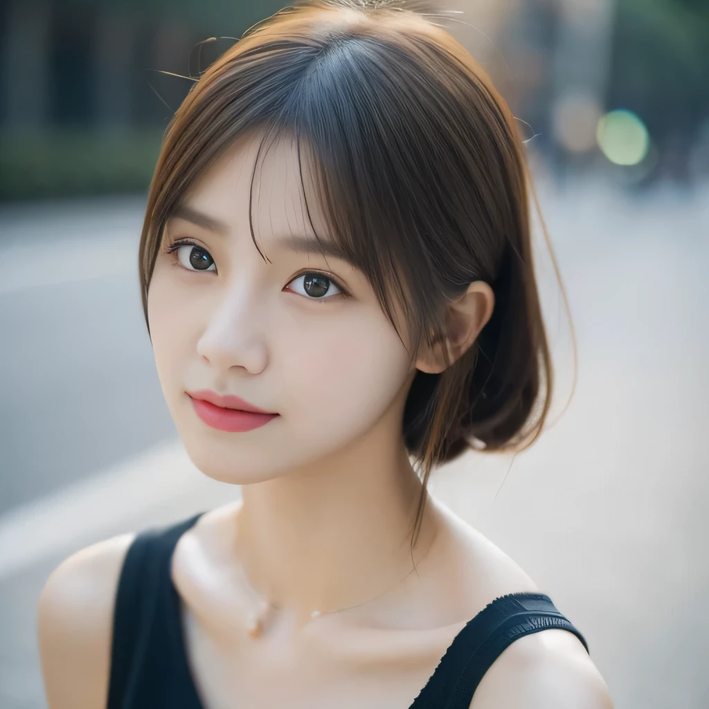 One woman sits, Looking down at a woman from above, woman looks at viewer, looking at camera, beautiful clavicle, broad shoulders, Beautiful woman, 15 years old, viewer'point of view, Shirt with visible collarbone, cute, look up, turn towards me, Emphasis on the clavicle, random hairstyle, beautiful eyes, double, Irojirou, like an idol, disco,