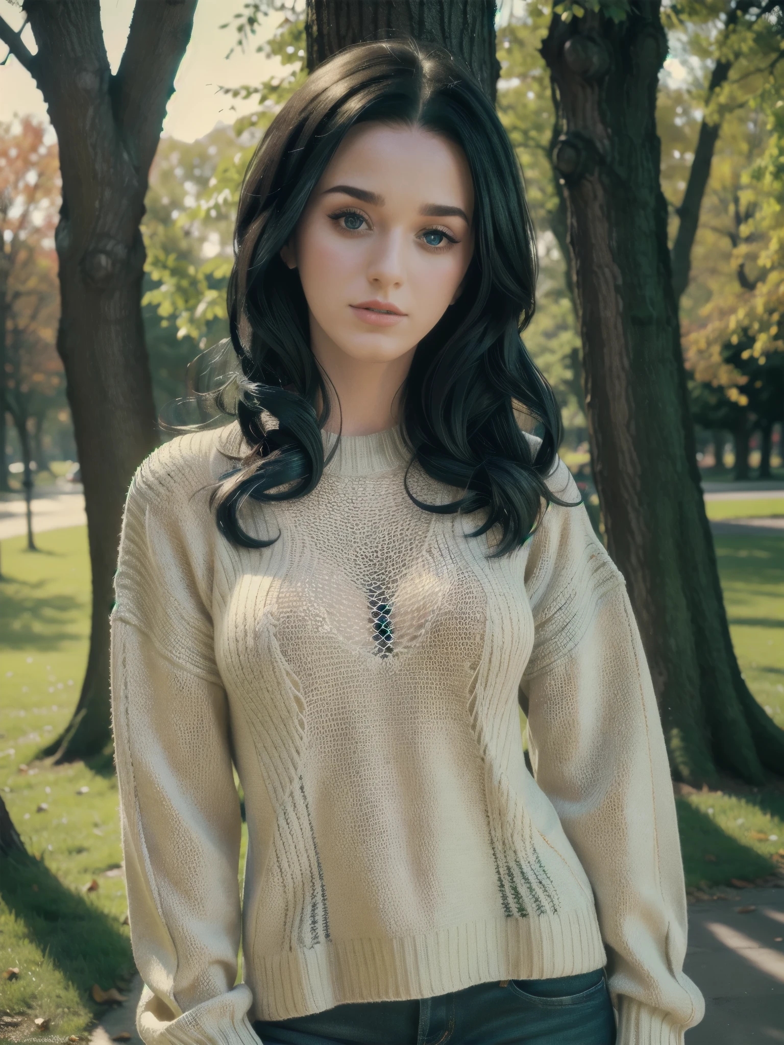 Katy Perry in a sweater, portrait, Beautiful face, Beautiful eyes, outside, portrait, park, trees, teeth, eyes are open, winning photo, Best quality, Upper body, JenniferConnelly, Photo film Nikon D850 4 Camera Kodak 400 F1.6 lenses, rich colors, hyper realistic realistic texture, daylight, trending on artstation Cinestill 800, (Lens 100mm)